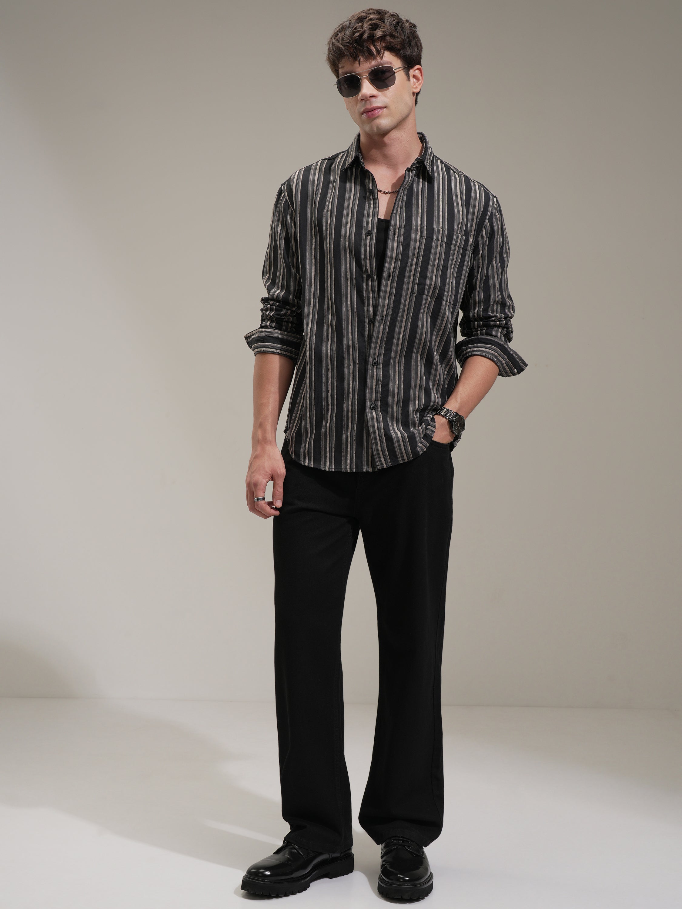 Highlander Men Black Striped Relaxed Fit Casual Shirt - Black - Image 2