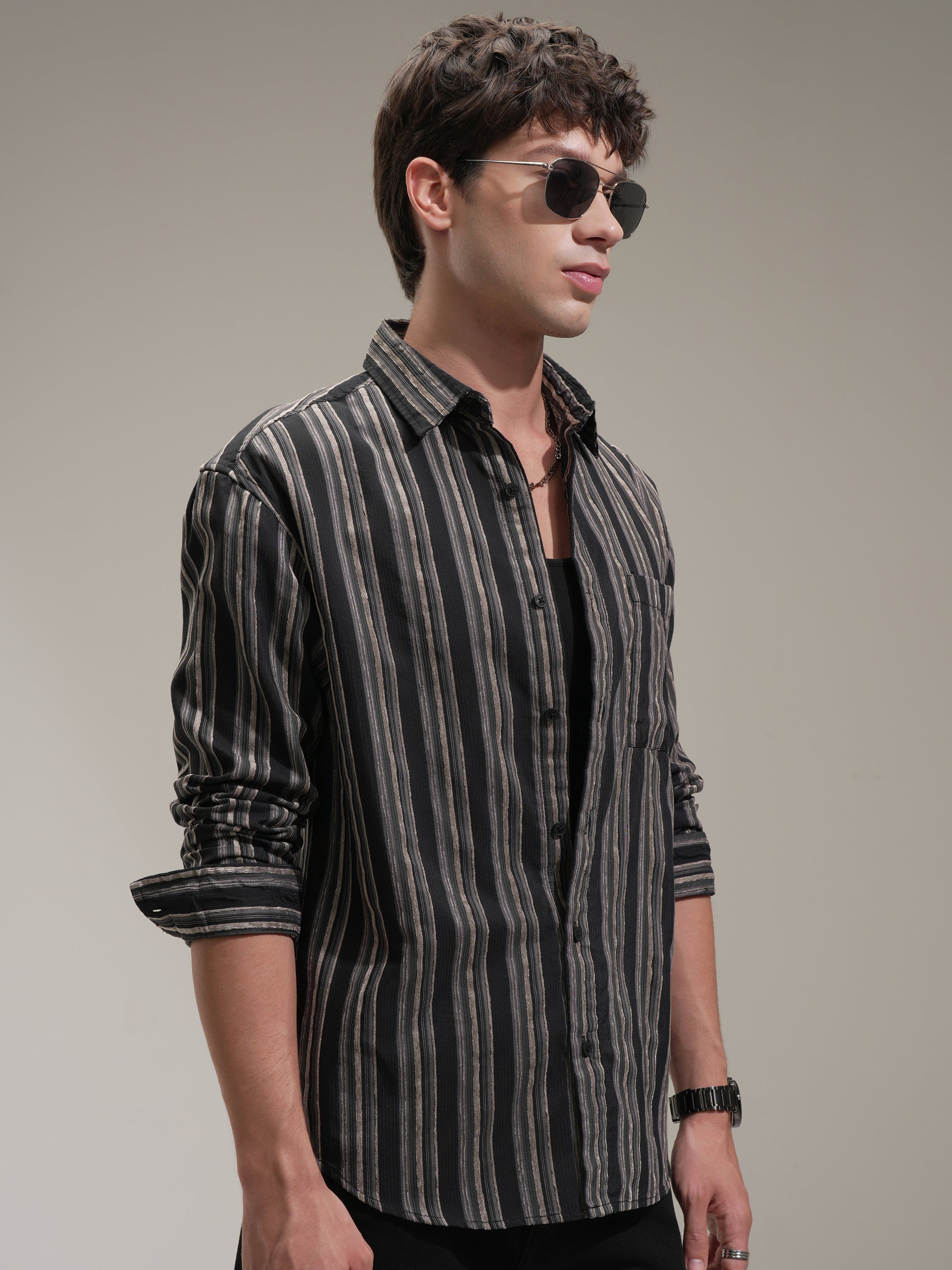 Highlander Men Black Striped Relaxed Fit Casual Shirt - Black - Image 6