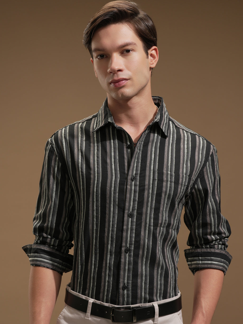 Highlander Men Black Striped Relaxed Fit Casual Shirt - Black - Image 1