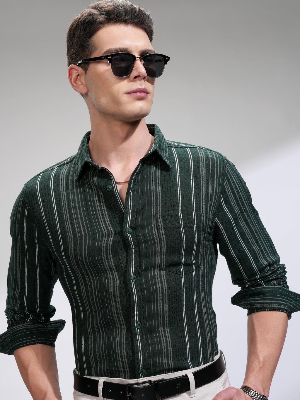 Highlander Men Green Self Design Slim Fit Casual Shirt - Green - Image 1