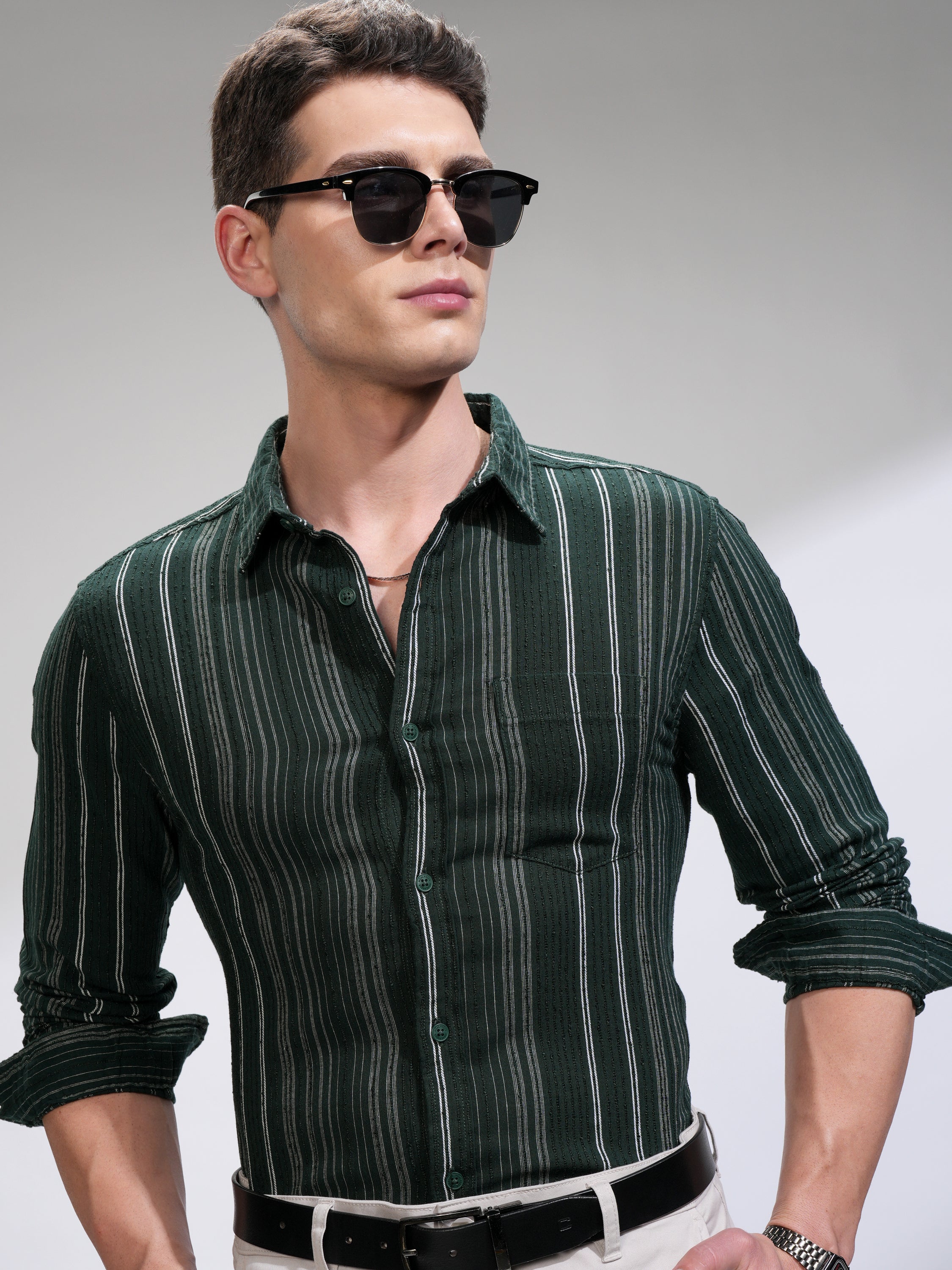 Highlander Men Green Self Design Slim Fit Casual Shirt - Green - Image 1