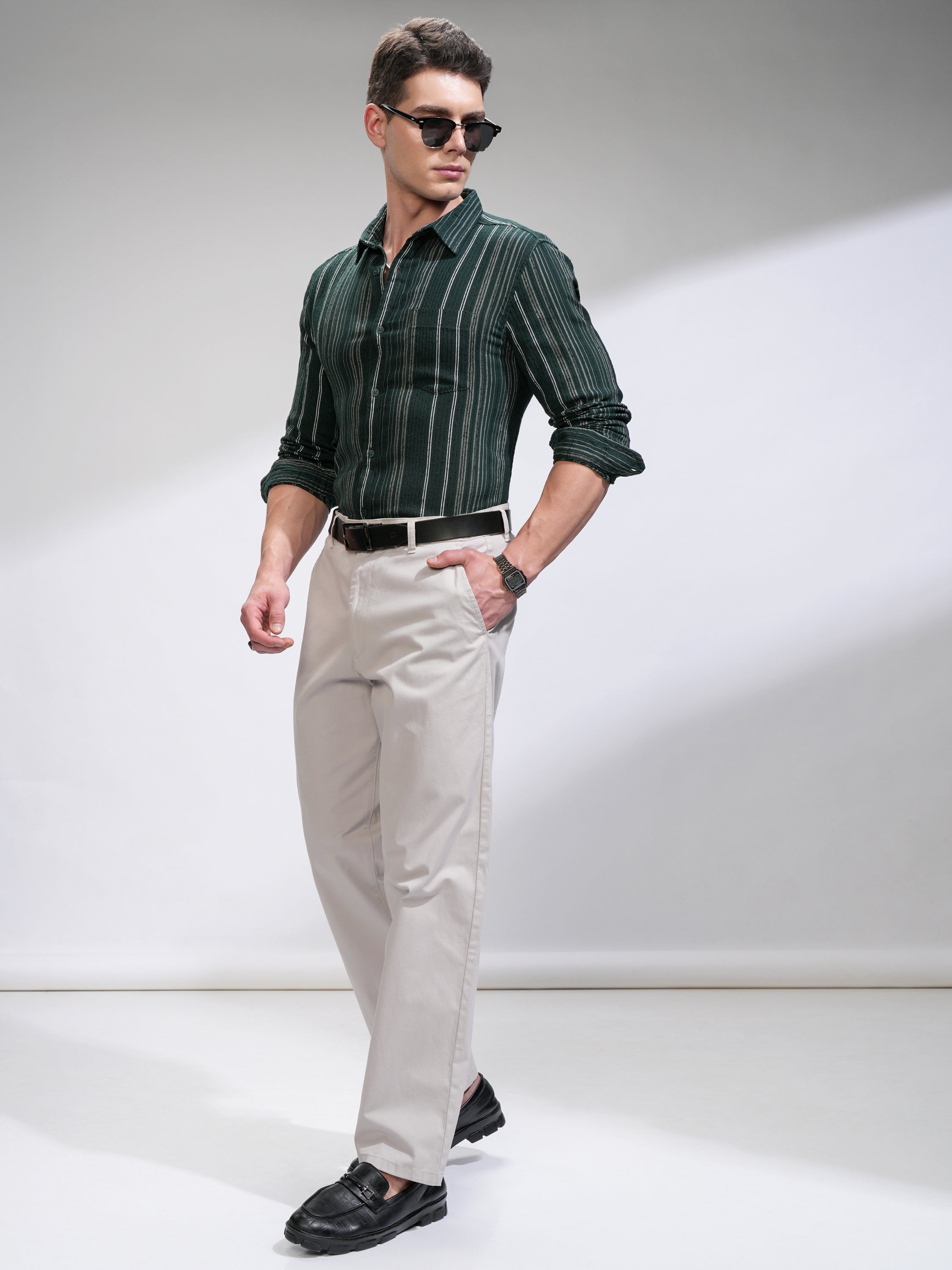 Highlander Men Green Self Design Slim Fit Casual Shirt - Green - Image 2
