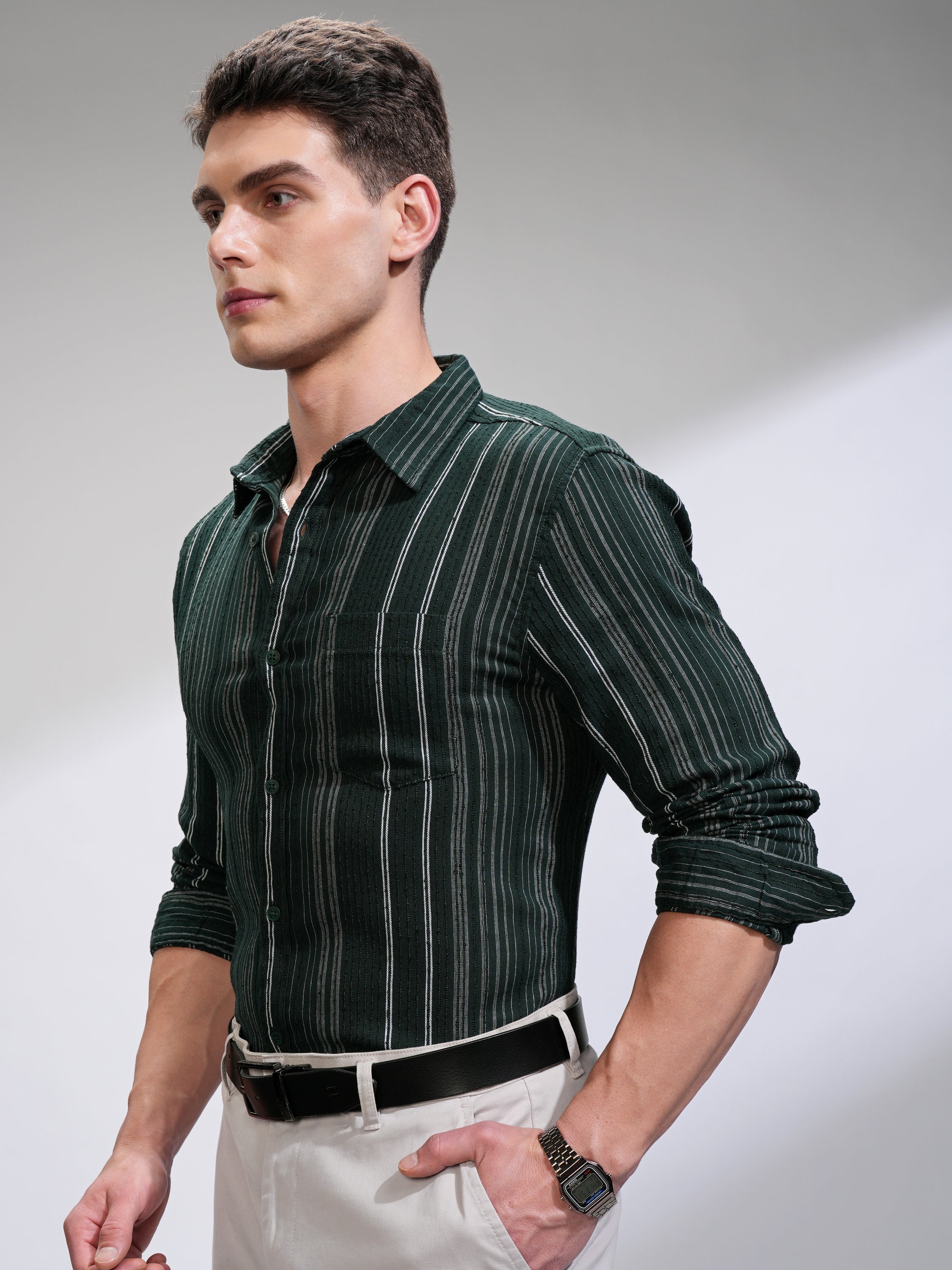 Highlander Men Green Self Design Slim Fit Casual Shirt - Green - Image 4