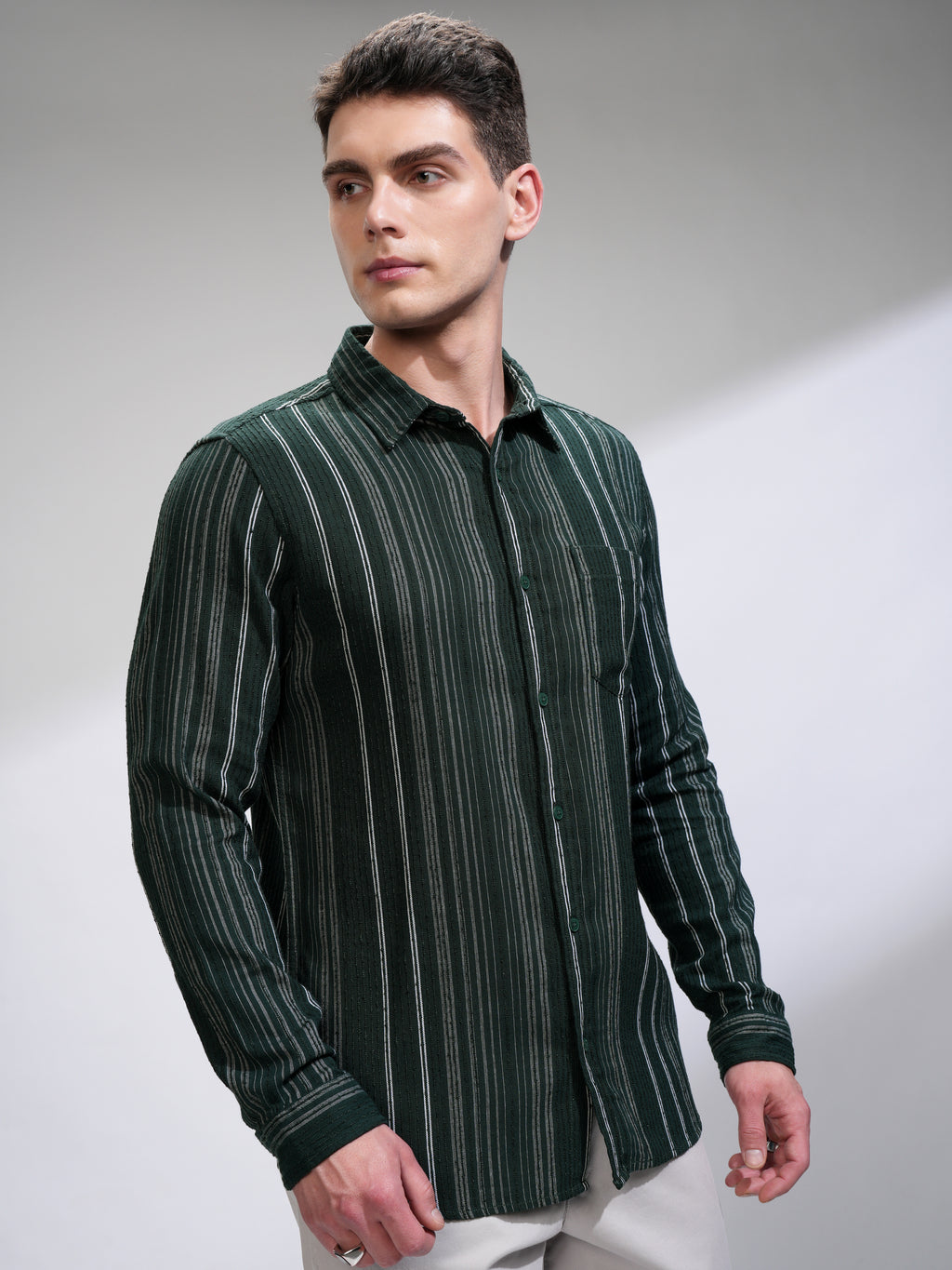 Highlander Men Green Self Design Slim Fit Casual Shirt - Green - Image 6