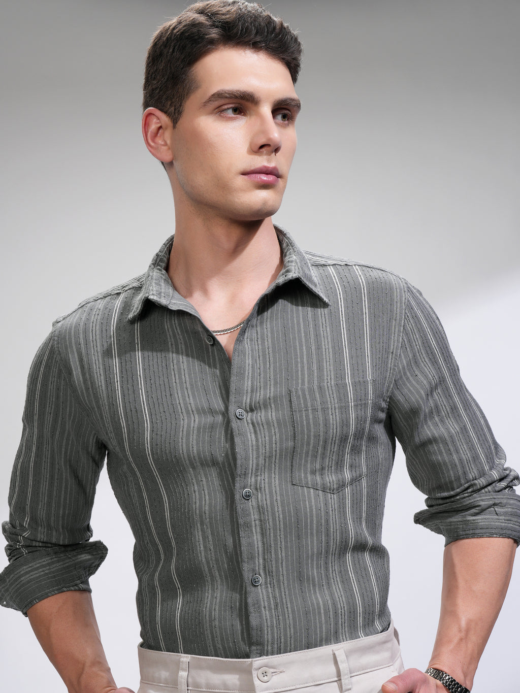 Highlander Men Off Grey Striped Slim Fit Casual Shirt - Grey - Image 1