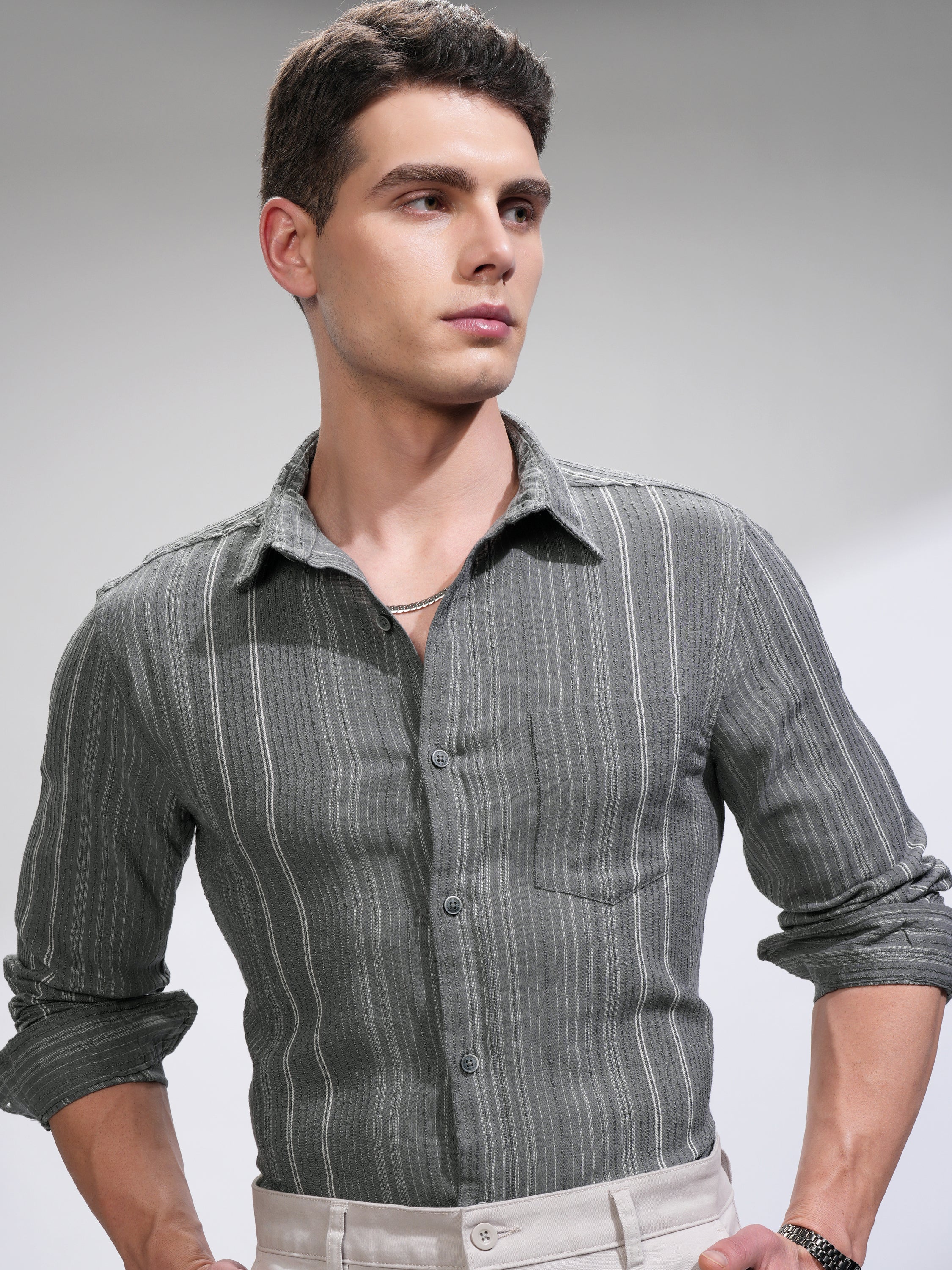 Highlander Men Off Grey Striped Slim Fit Casual Shirt - Grey - Image 1