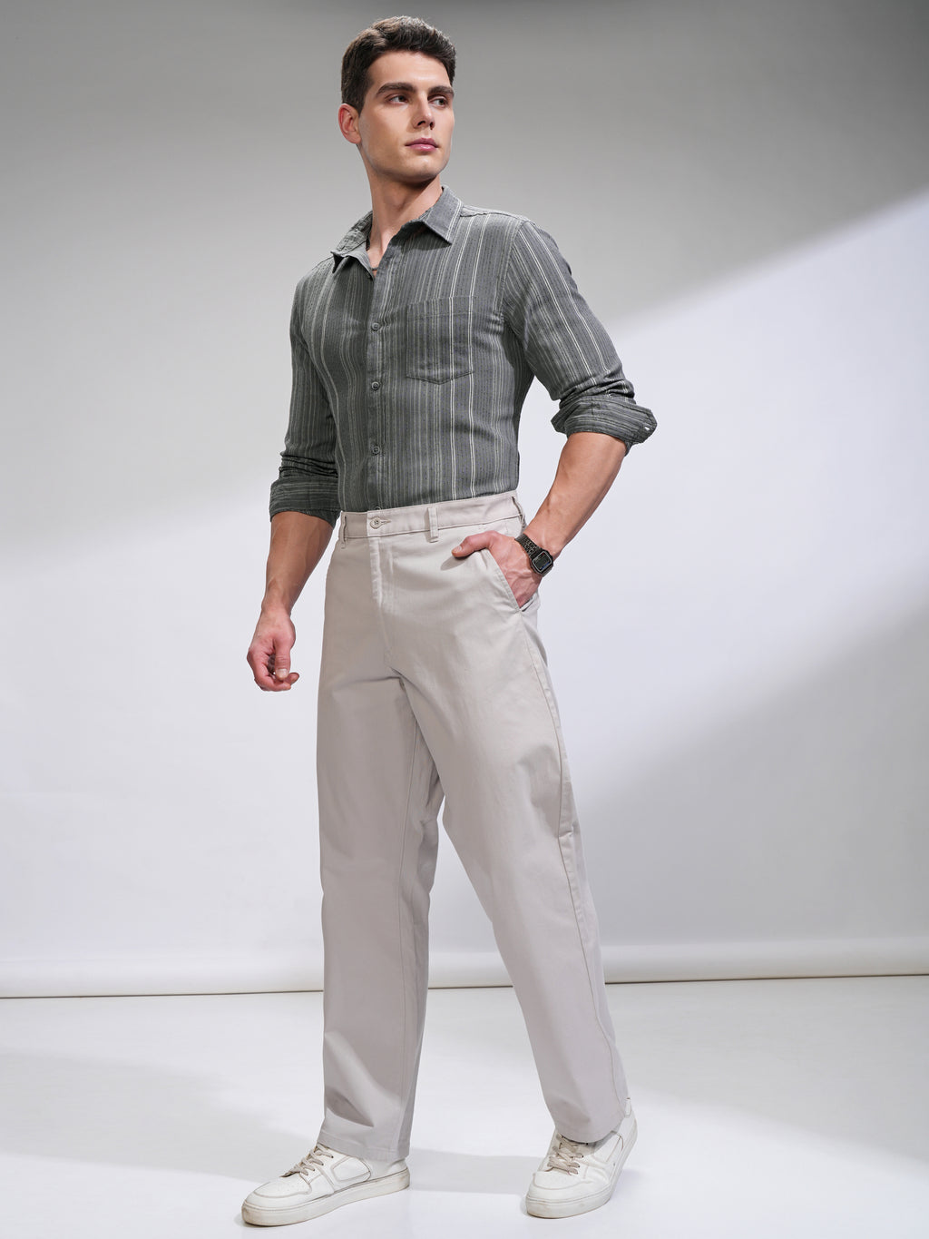 Highlander Men Off Grey Striped Slim Fit Casual Shirt - Grey - Image 2