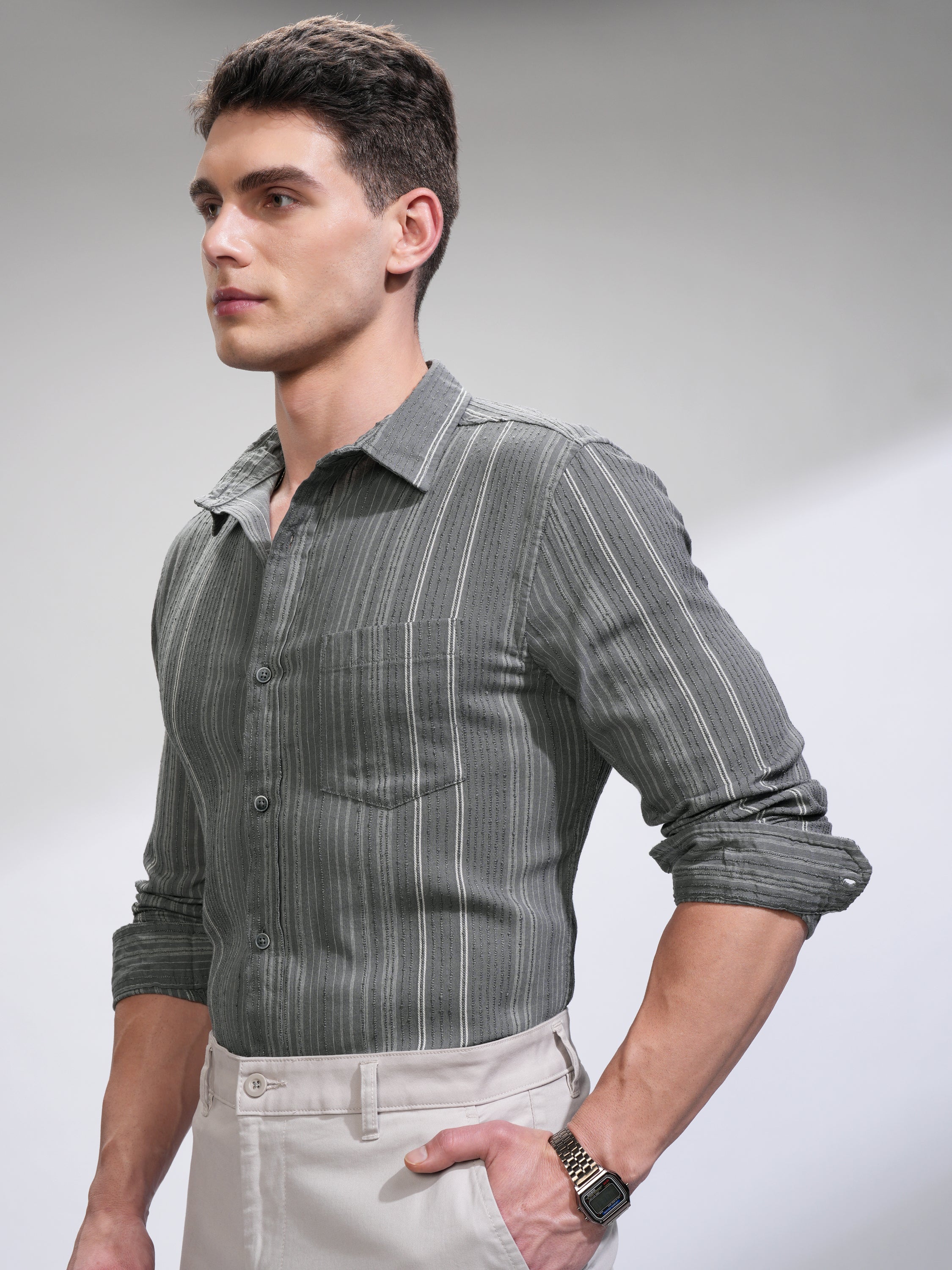Highlander Men Off Grey Striped Slim Fit Casual Shirt - Grey - Image 4