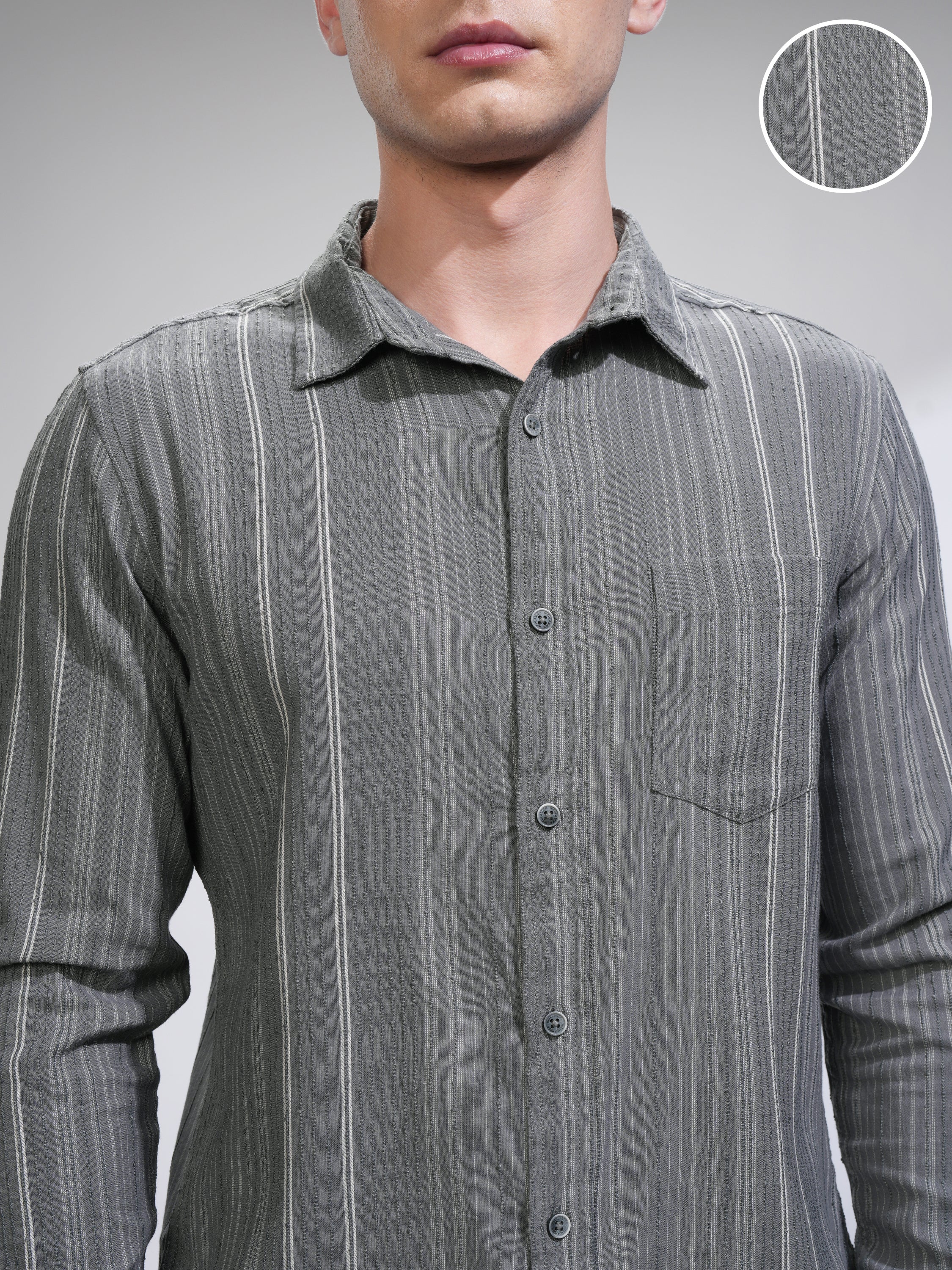 Highlander Men Off Grey Striped Slim Fit Casual Shirt - Grey - Image 5