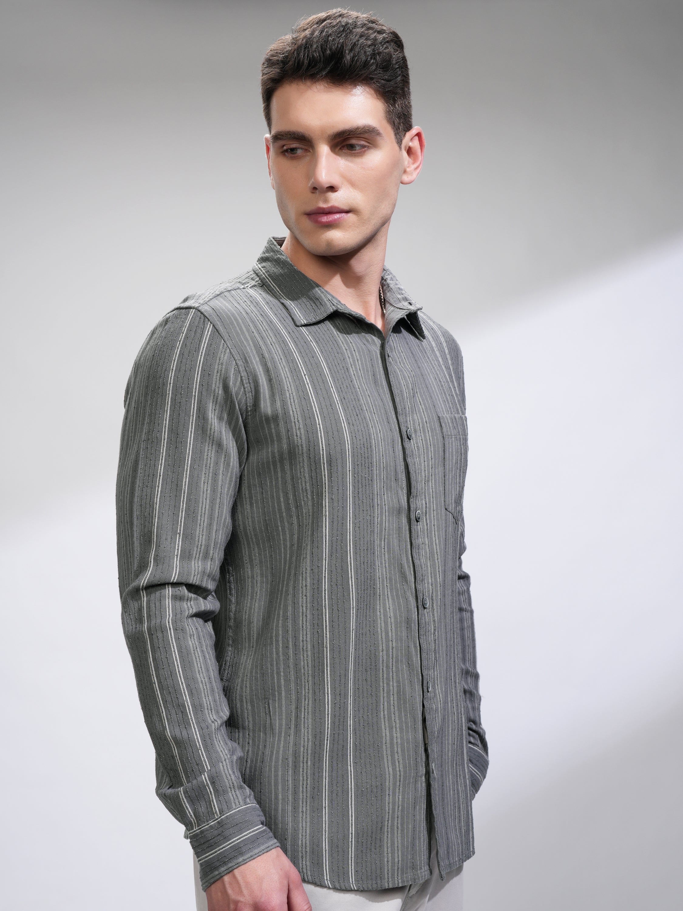 Highlander Men Off Grey Striped Slim Fit Casual Shirt - Grey - Image 6