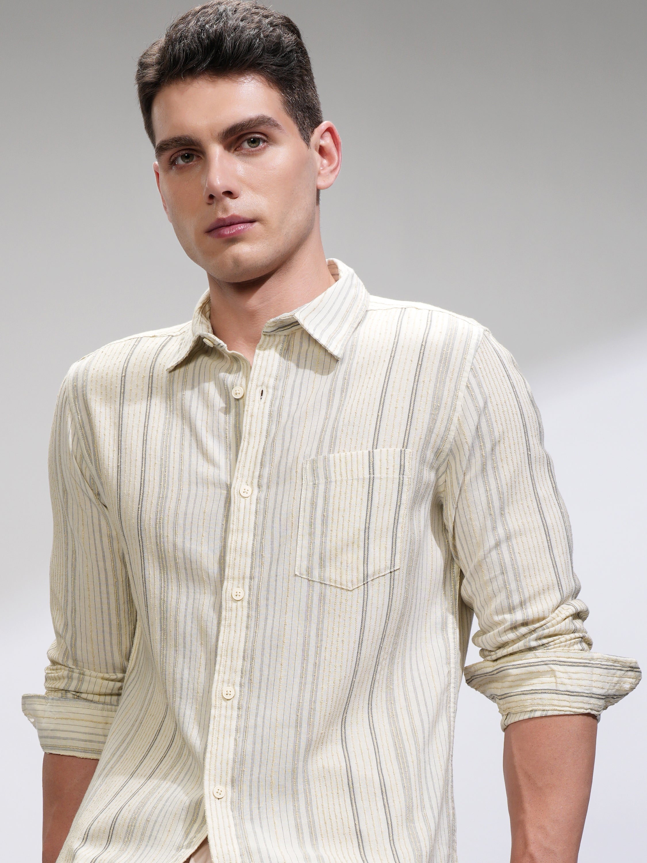 Highlander Men Off White Striped Slim Fit Casual Shirt - Off White - Image 1