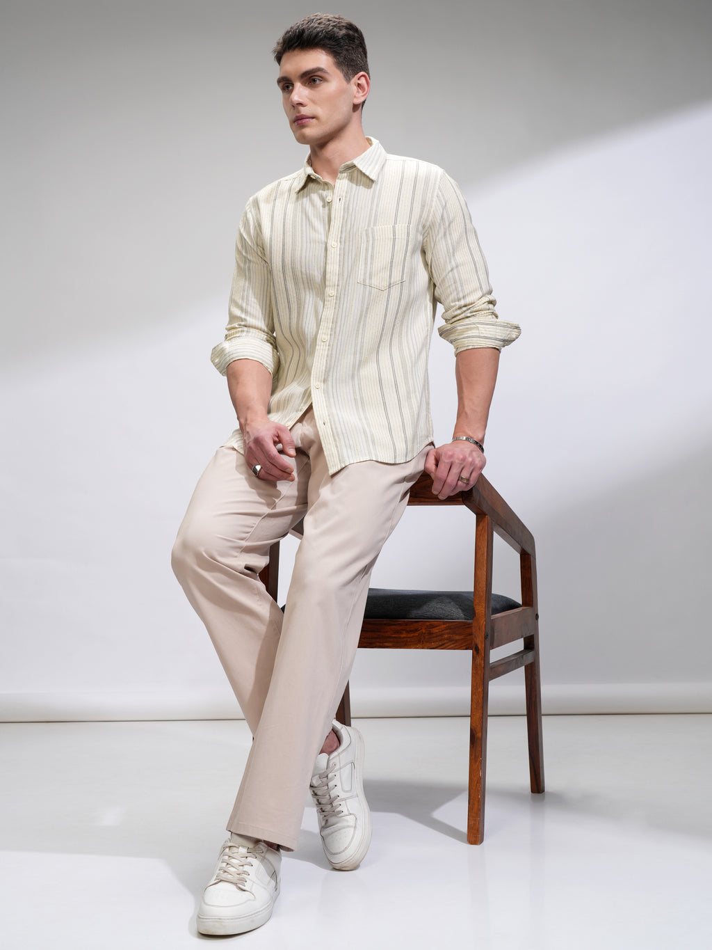 Highlander Men Off White Striped Slim Fit Casual Shirt - Off White - Image 2