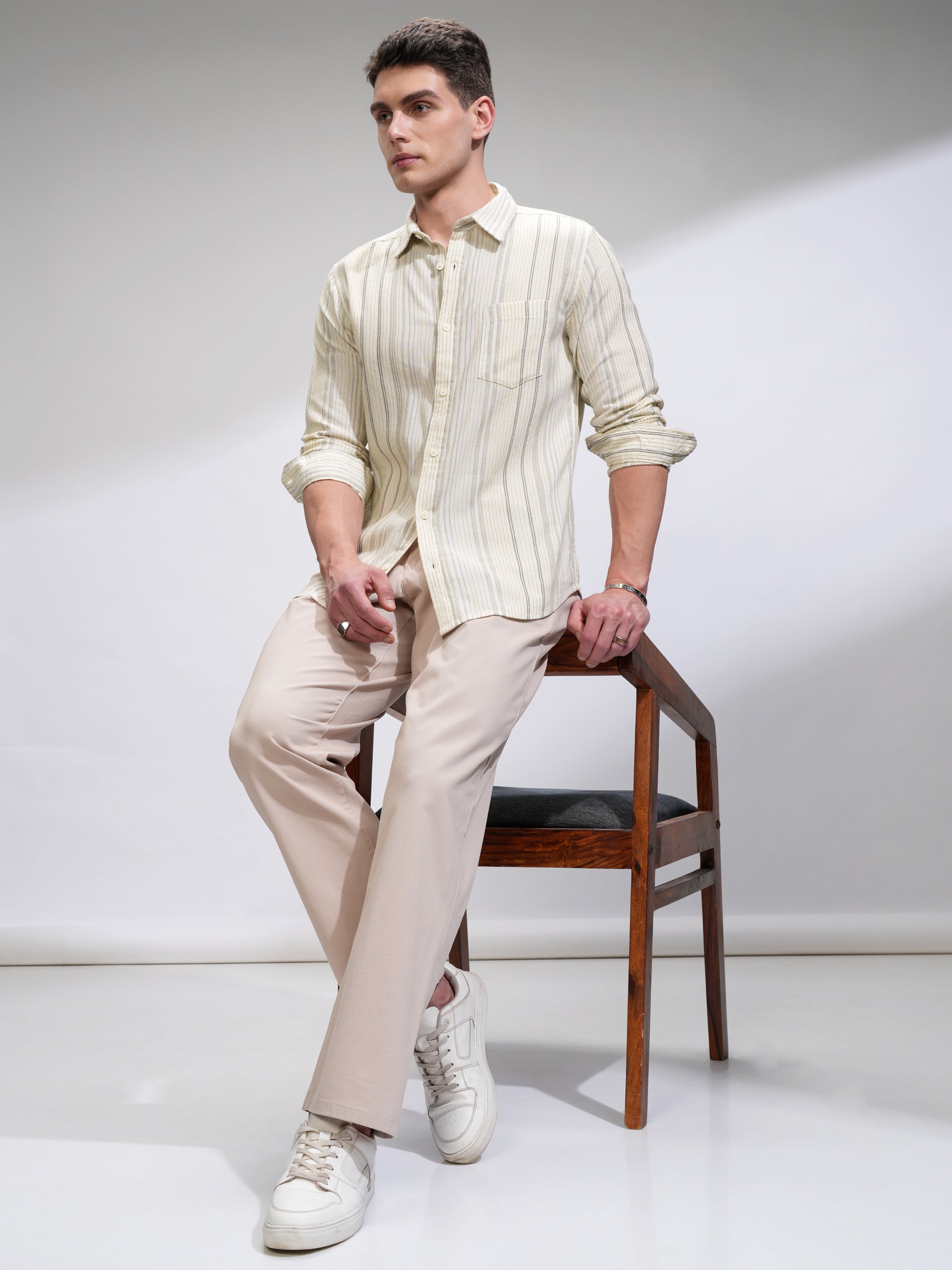 Highlander Men Off White Striped Slim Fit Casual Shirt - Off White - Image 2