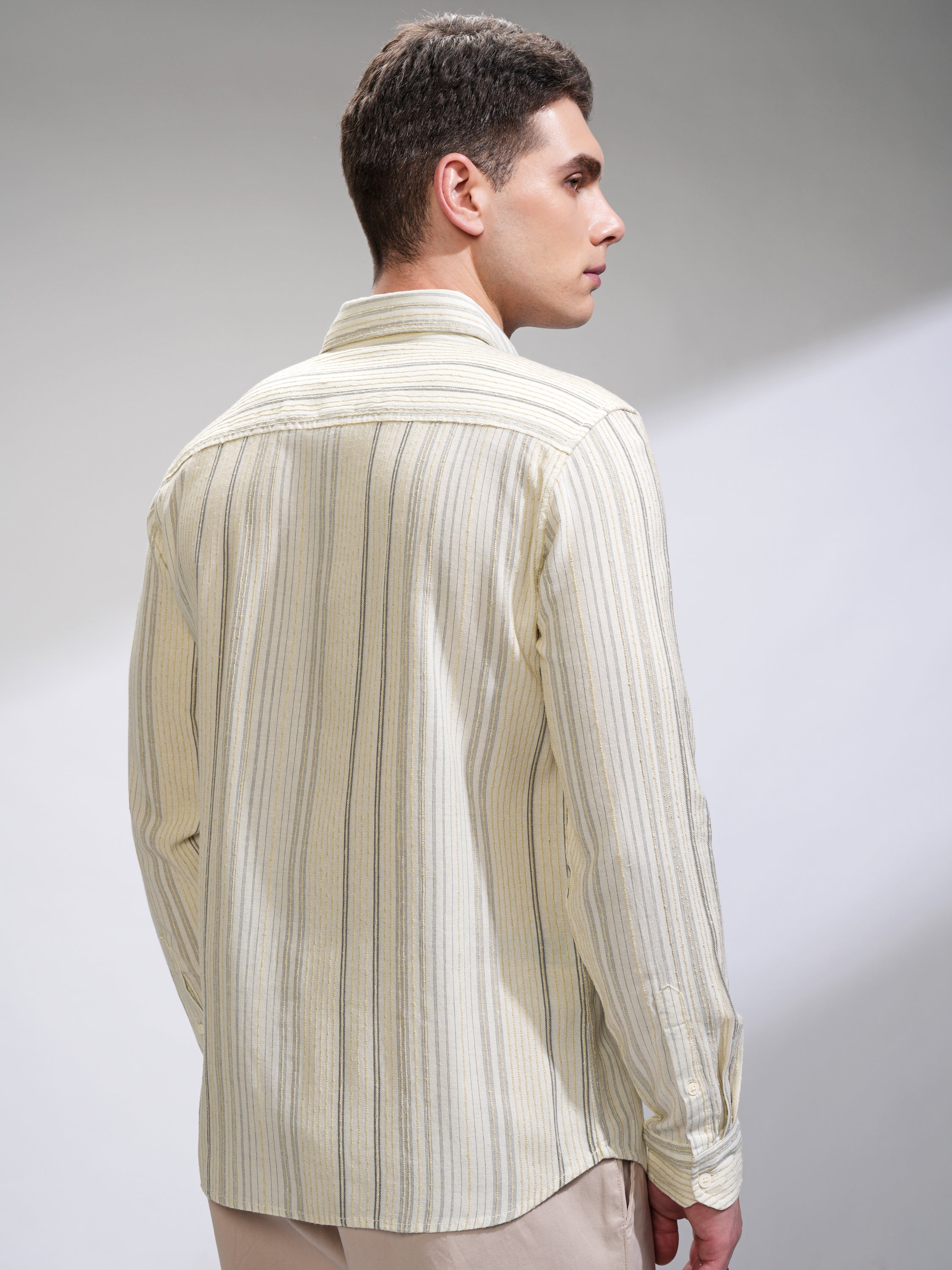 Highlander Men Off White Striped Slim Fit Casual Shirt - Off White - Image 3