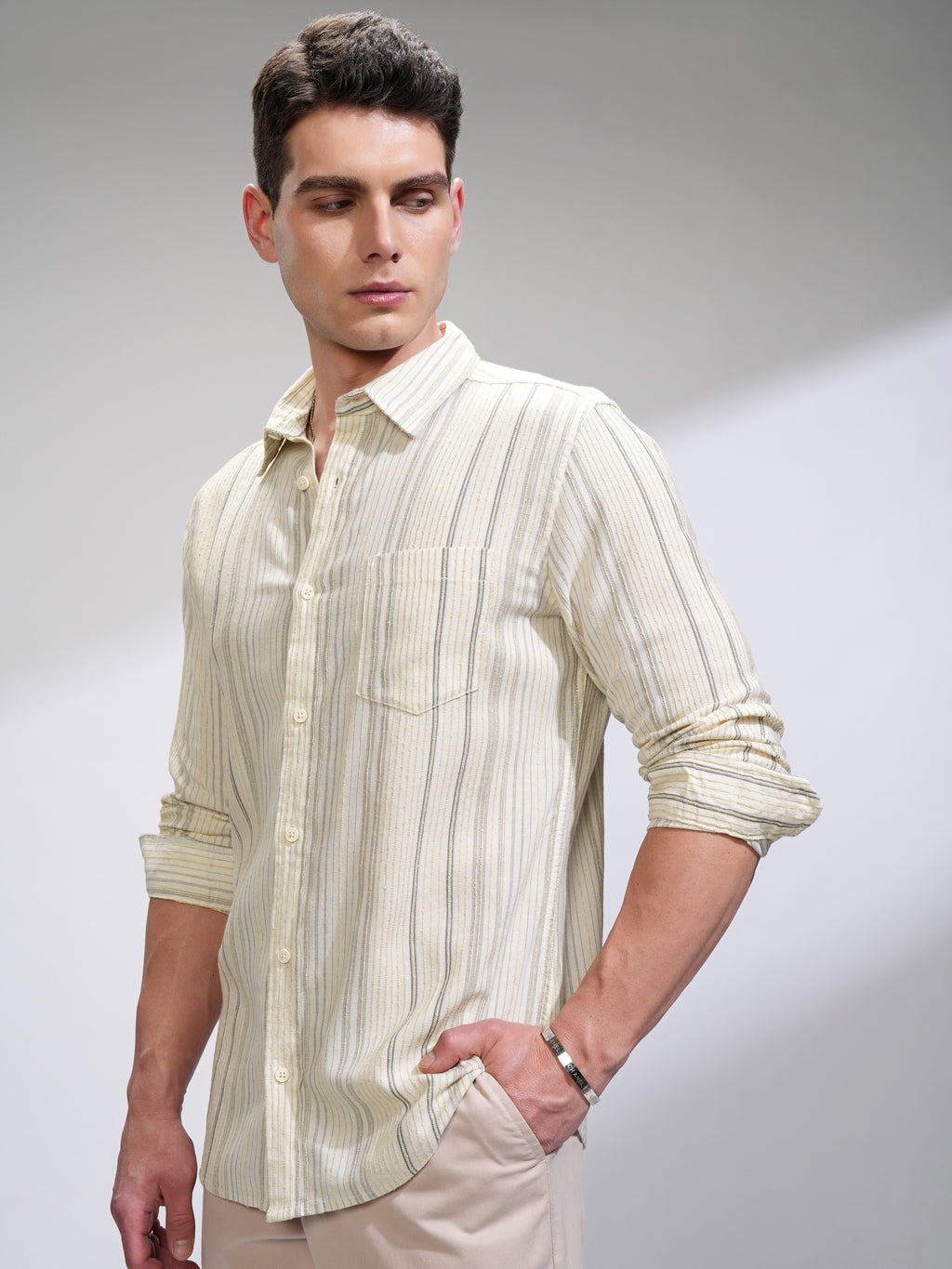 Highlander Men Off White Striped Slim Fit Casual Shirt - Off White - Image 4