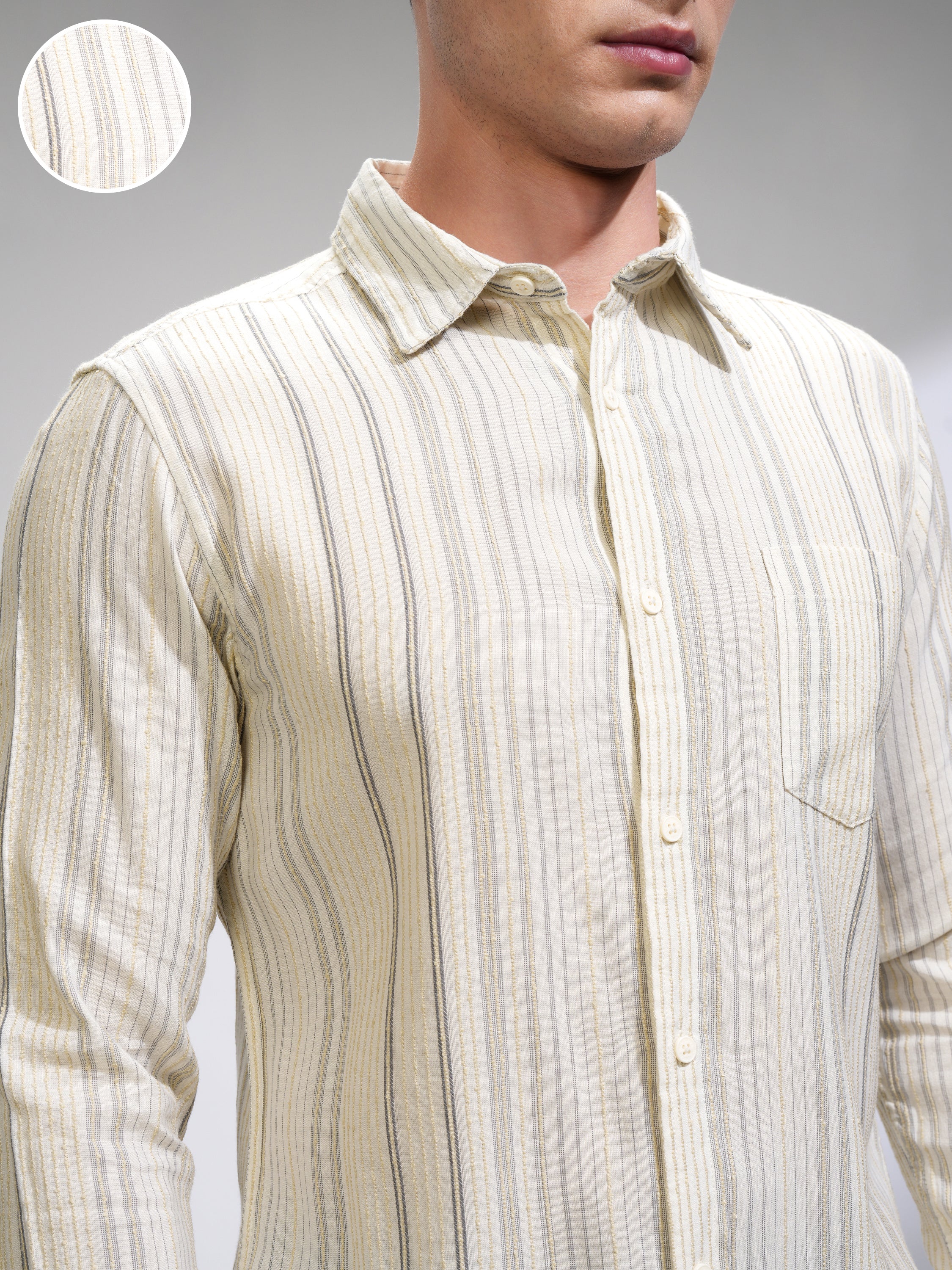 Highlander Men Off White Striped Slim Fit Casual Shirt - Off White - Image 5