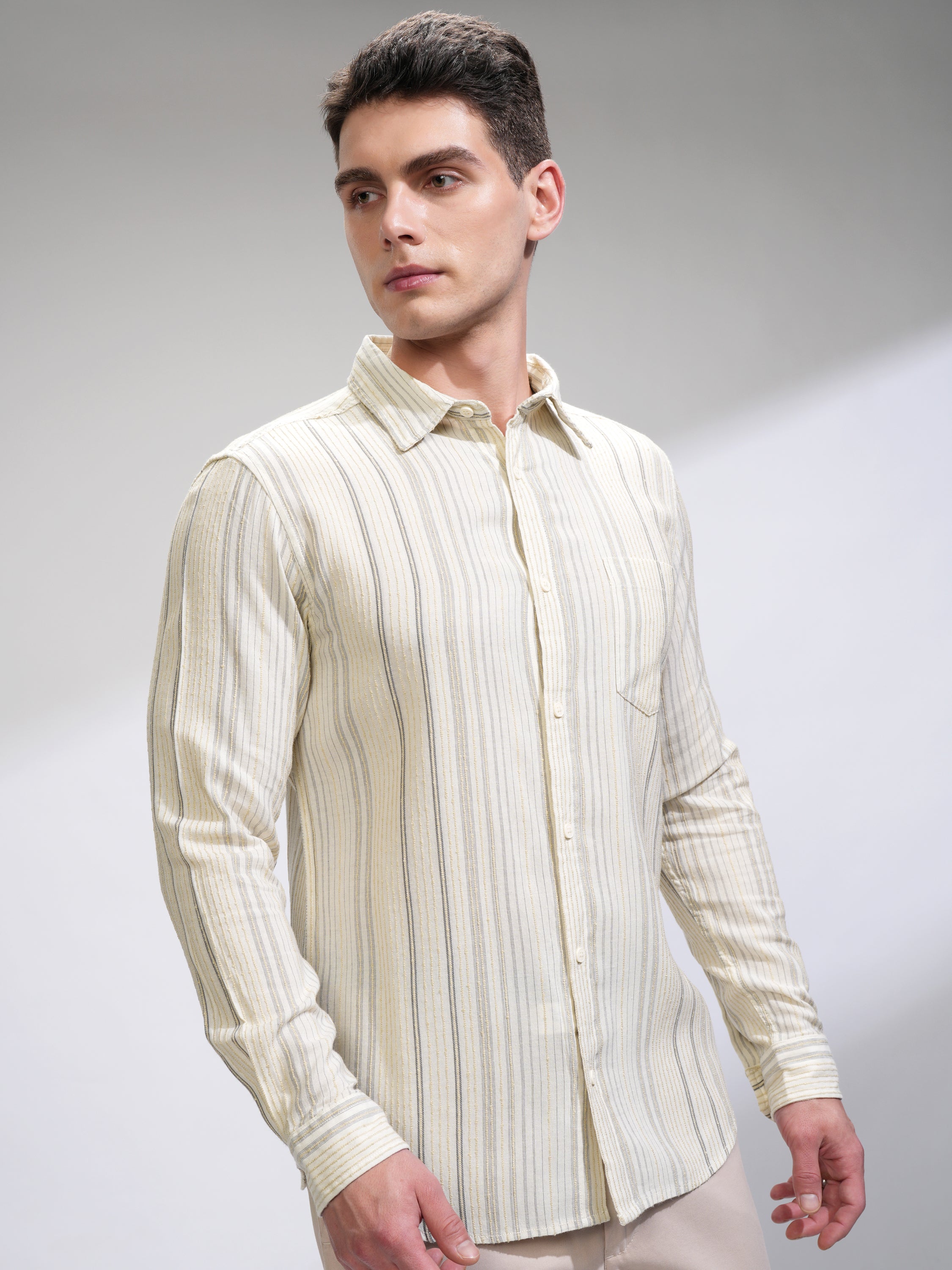 Highlander Men Off White Striped Slim Fit Casual Shirt - Off White - Image 6