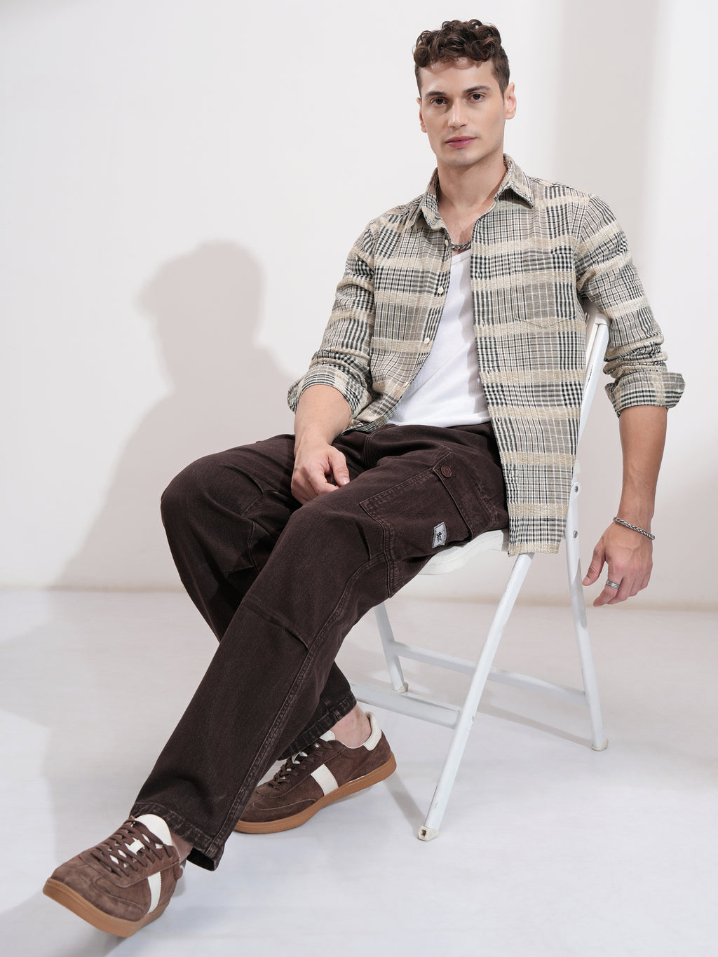 Highlander Men Beige Checked Slim Fit Casual Shirt - Beige - Image 2