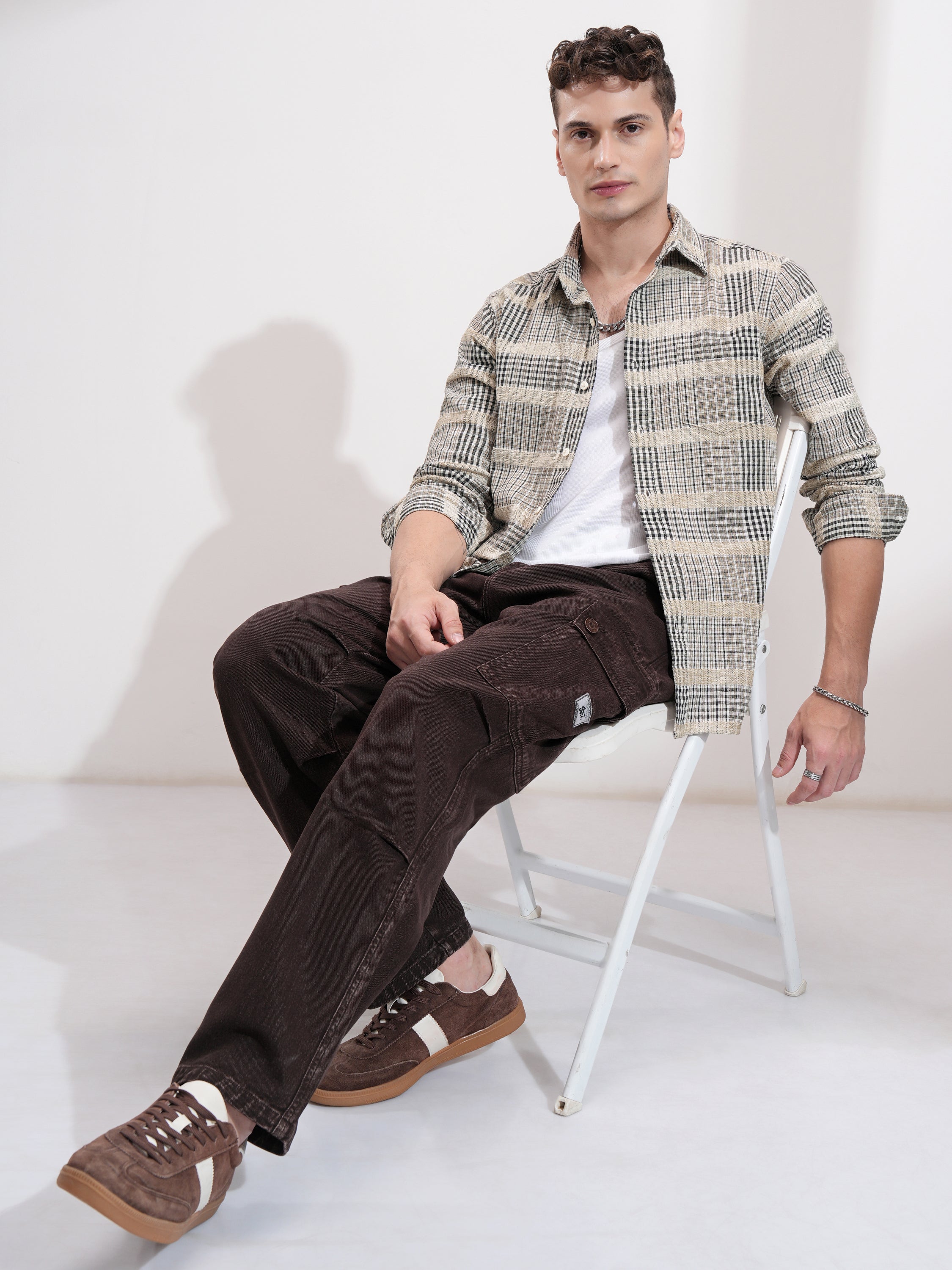 Highlander Men Beige Checked Slim Fit Casual Shirt - Beige - Image 2