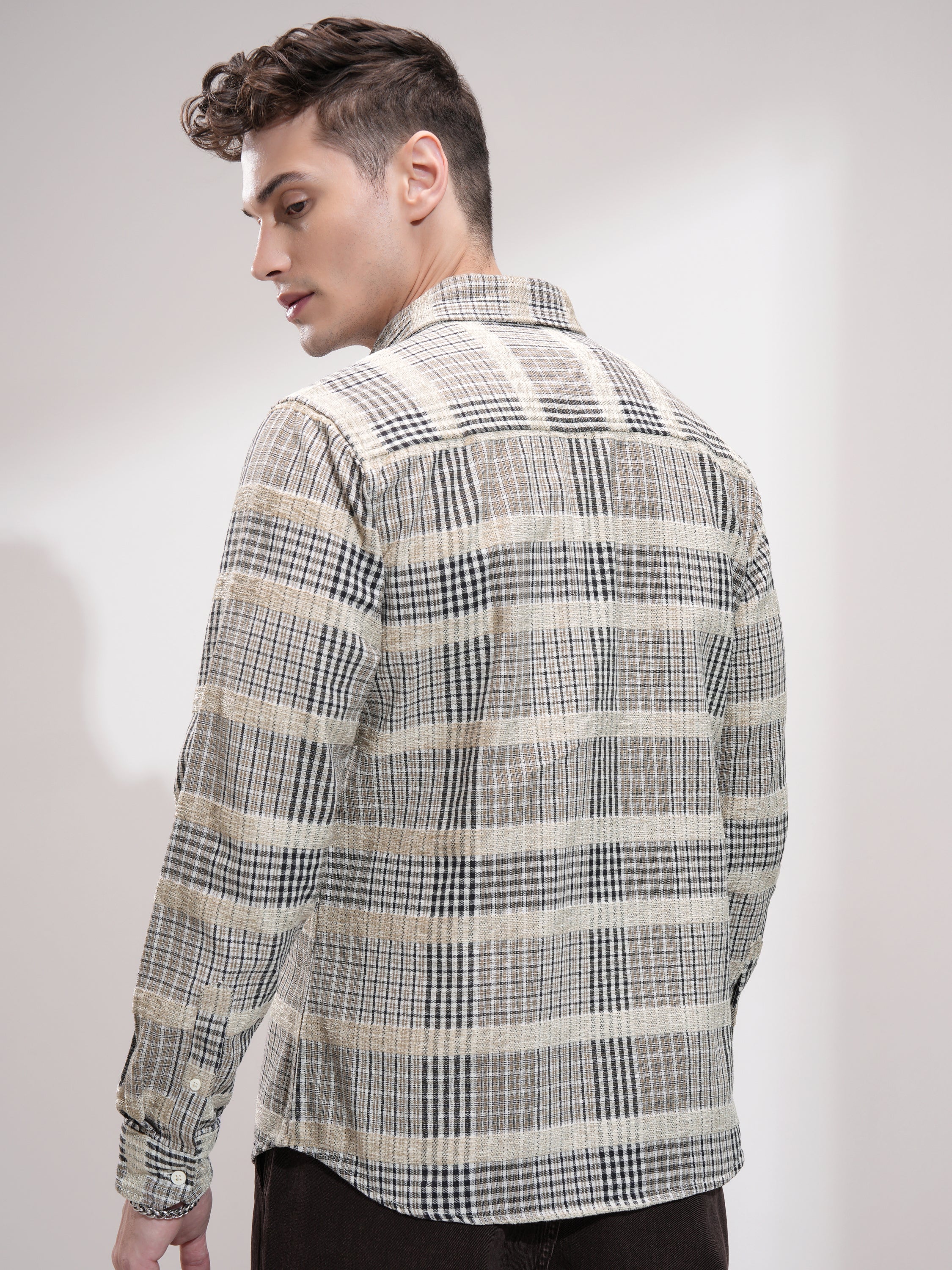 Highlander Men Beige Checked Slim Fit Casual Shirt - Beige - Image 3