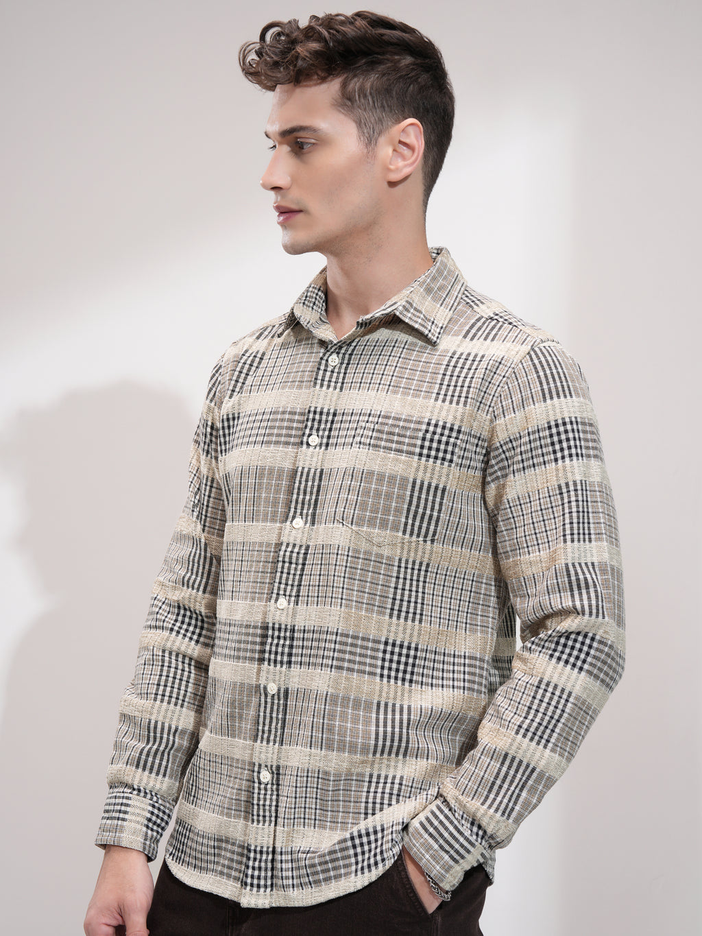 Highlander Men Beige Checked Slim Fit Casual Shirt - Beige - Image 4