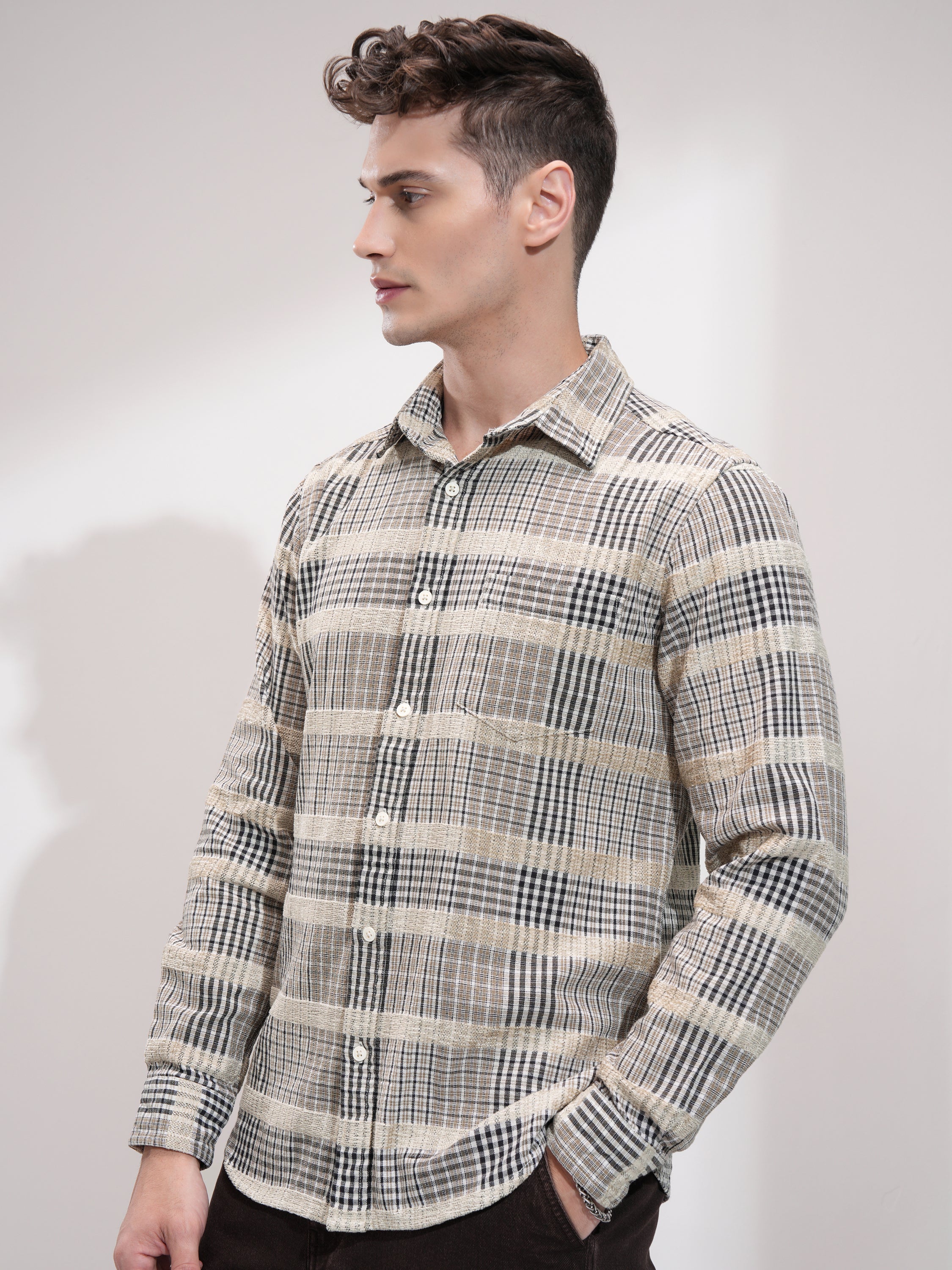 Highlander Men Beige Checked Slim Fit Casual Shirt - Beige - Image 4