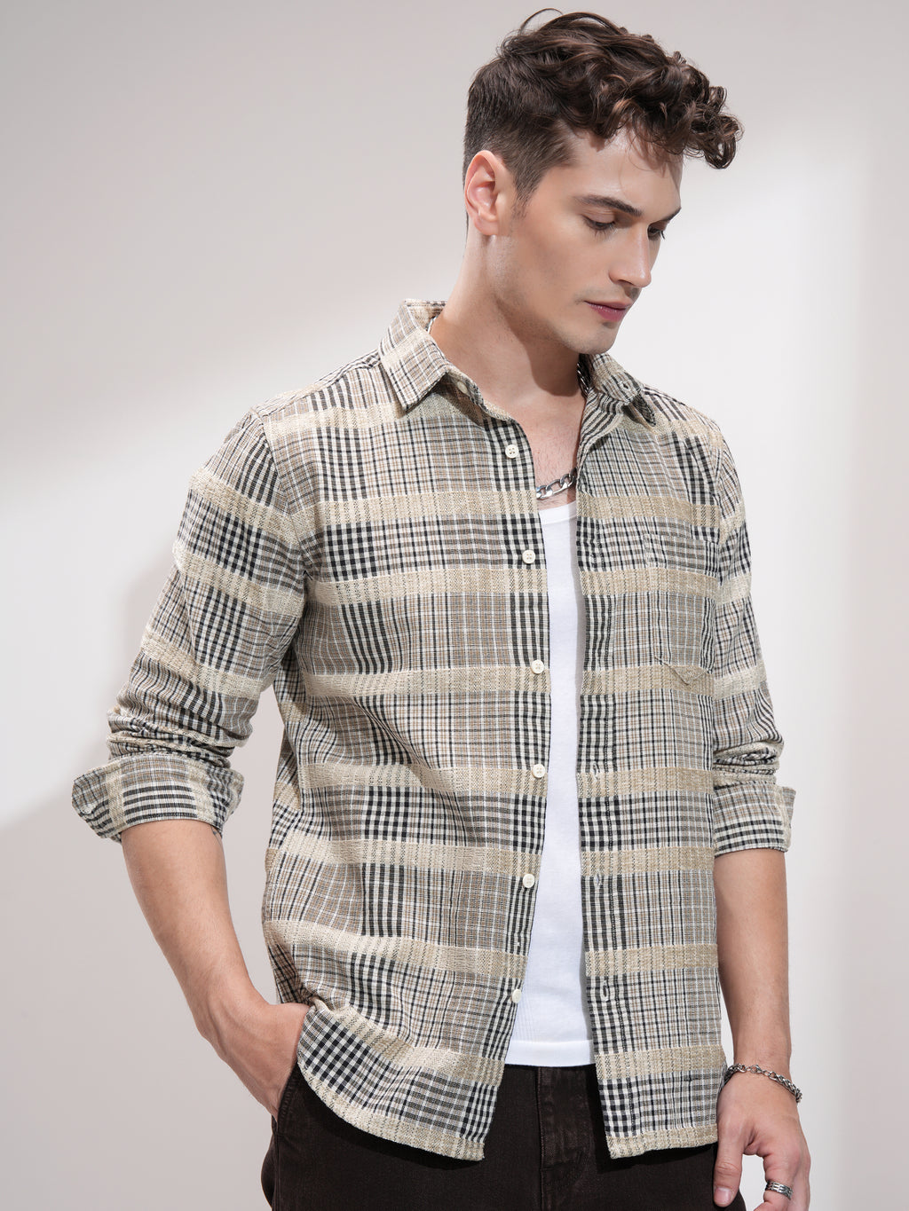 Highlander Men Beige Checked Slim Fit Casual Shirt - Beige - Image 6