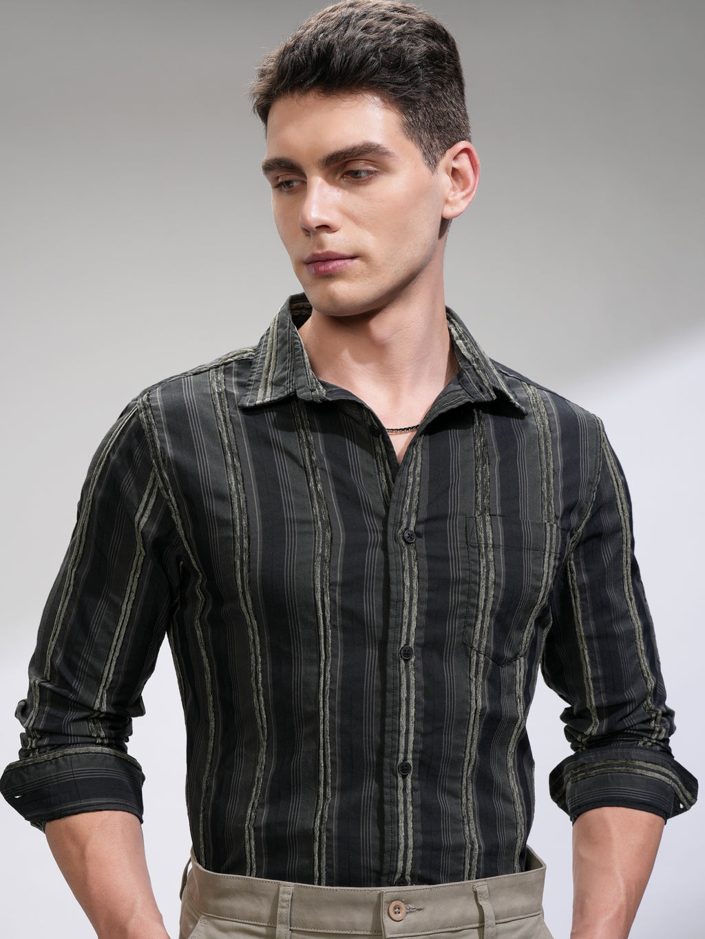 Highlander Men Black Striped Slim Fit Casual Shirt - Black - Image 1