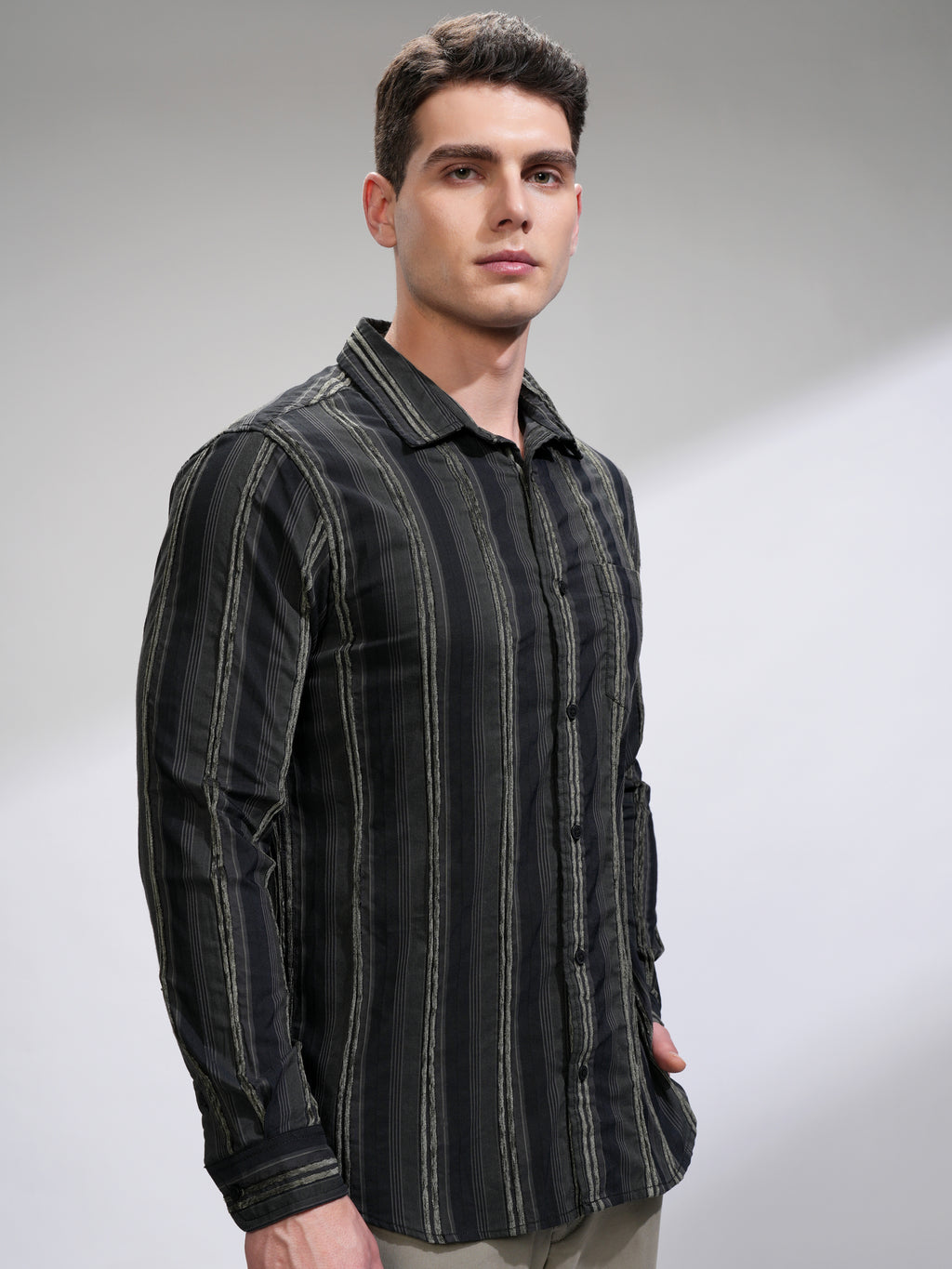 Highlander Men Black Striped Slim Fit Casual Shirt - Black - Image 6