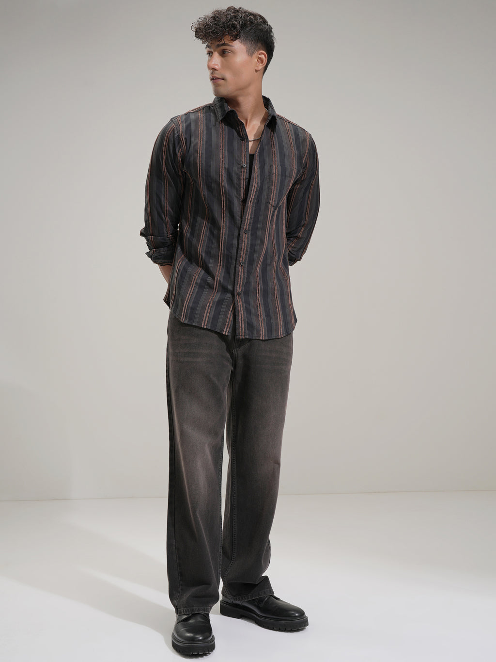 Highlander Men Black Striped Slim Fit Casual Shirt - Black - Image 2