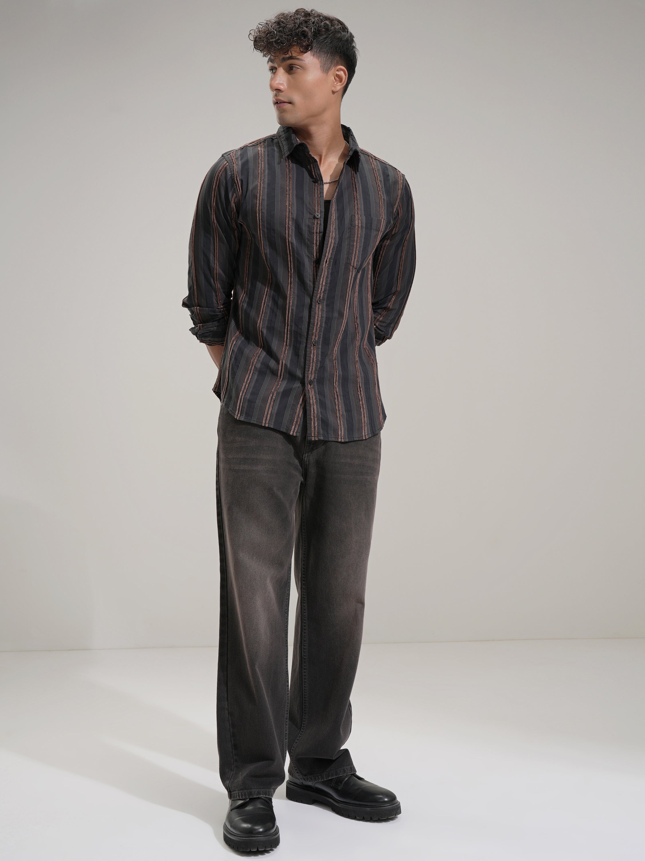 Highlander Men Black Striped Slim Fit Casual Shirt - Black - Image 2