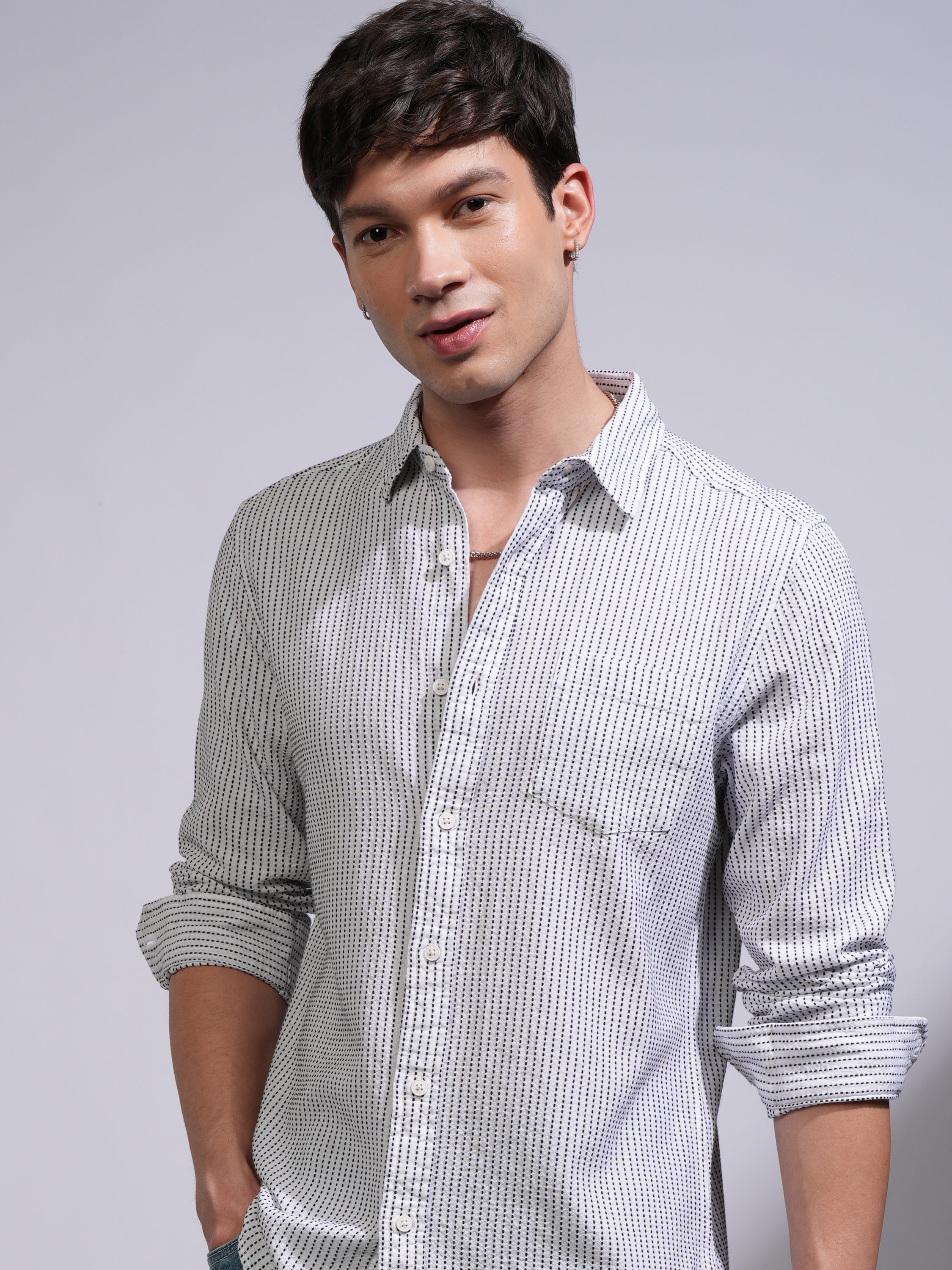 Highlander Men White Textured Slim Fit Casual Shirt - White - Image 1