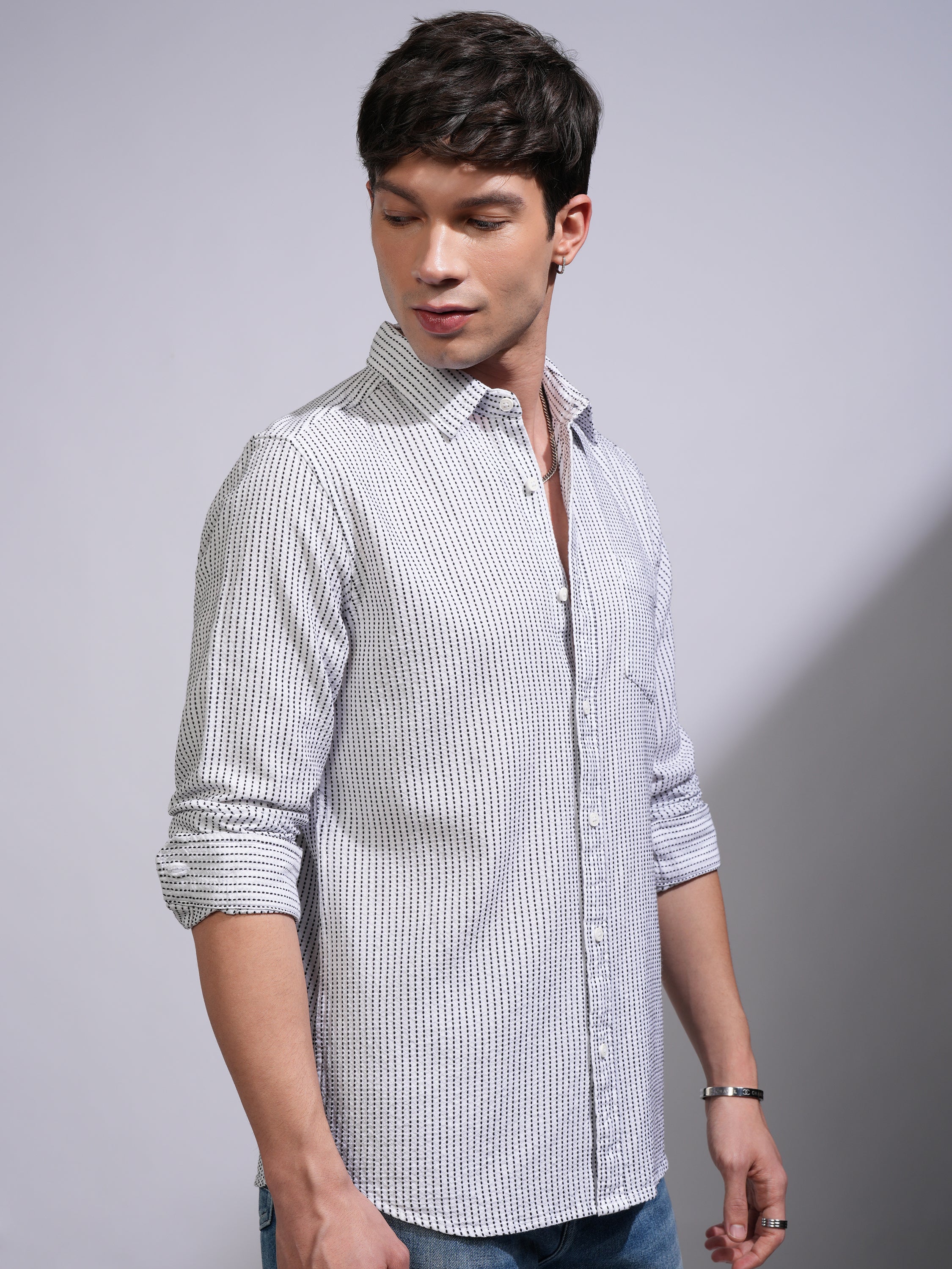 Highlander Men White Textured Slim Fit Casual Shirt - White - Image 6