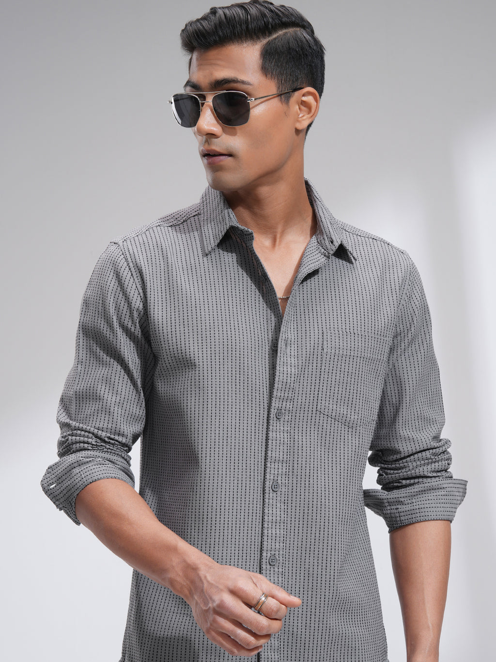 Highlander Men Grey Self Design Slim Fit Casual Shirt - Grey - Image 1