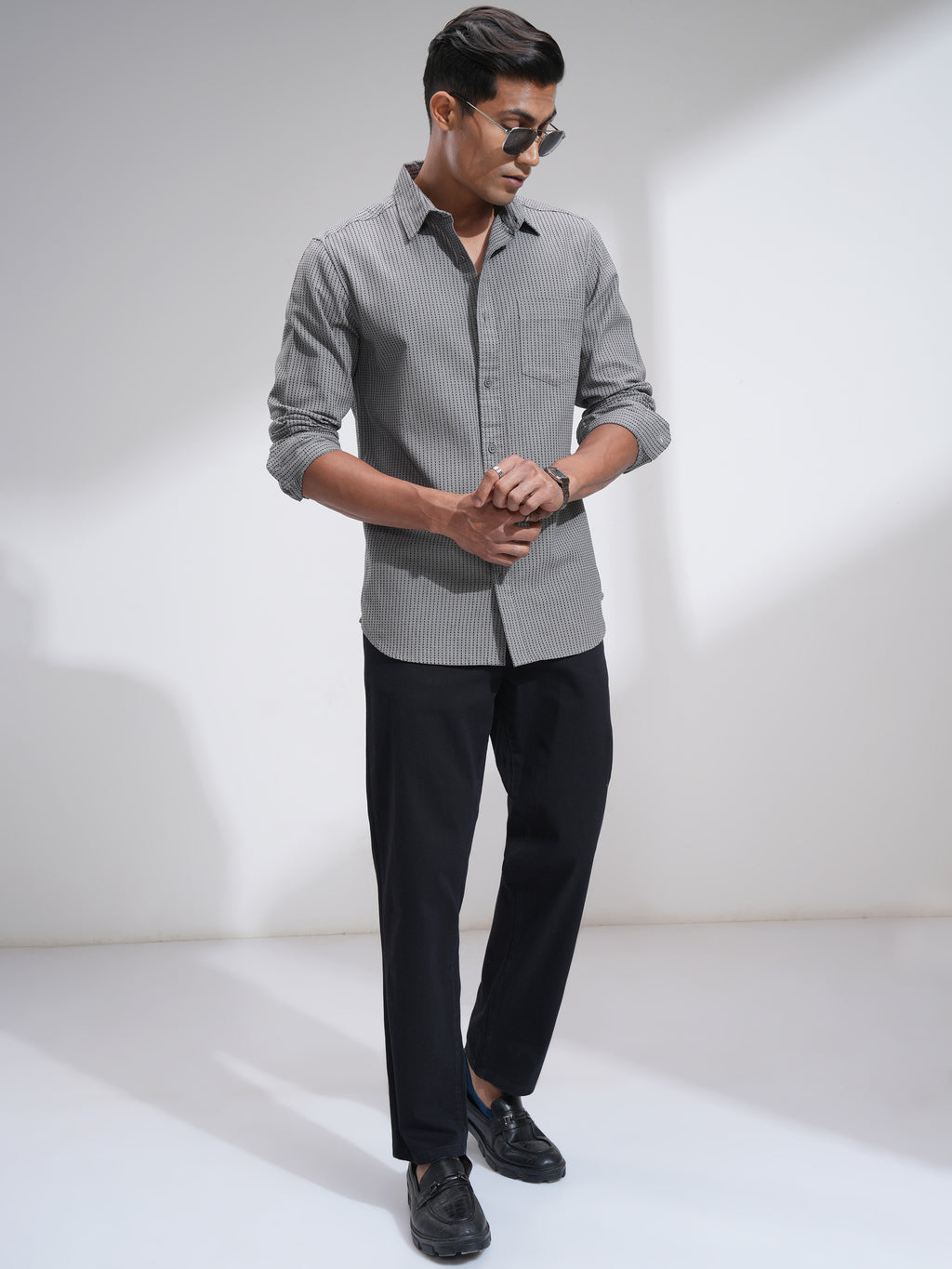 Highlander Men Grey Self Design Slim Fit Casual Shirt - Grey - Image 2