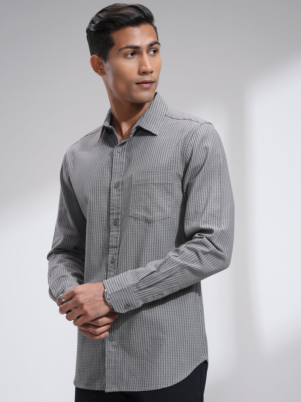 Highlander Men Grey Self Design Slim Fit Casual Shirt - Grey - Image 4