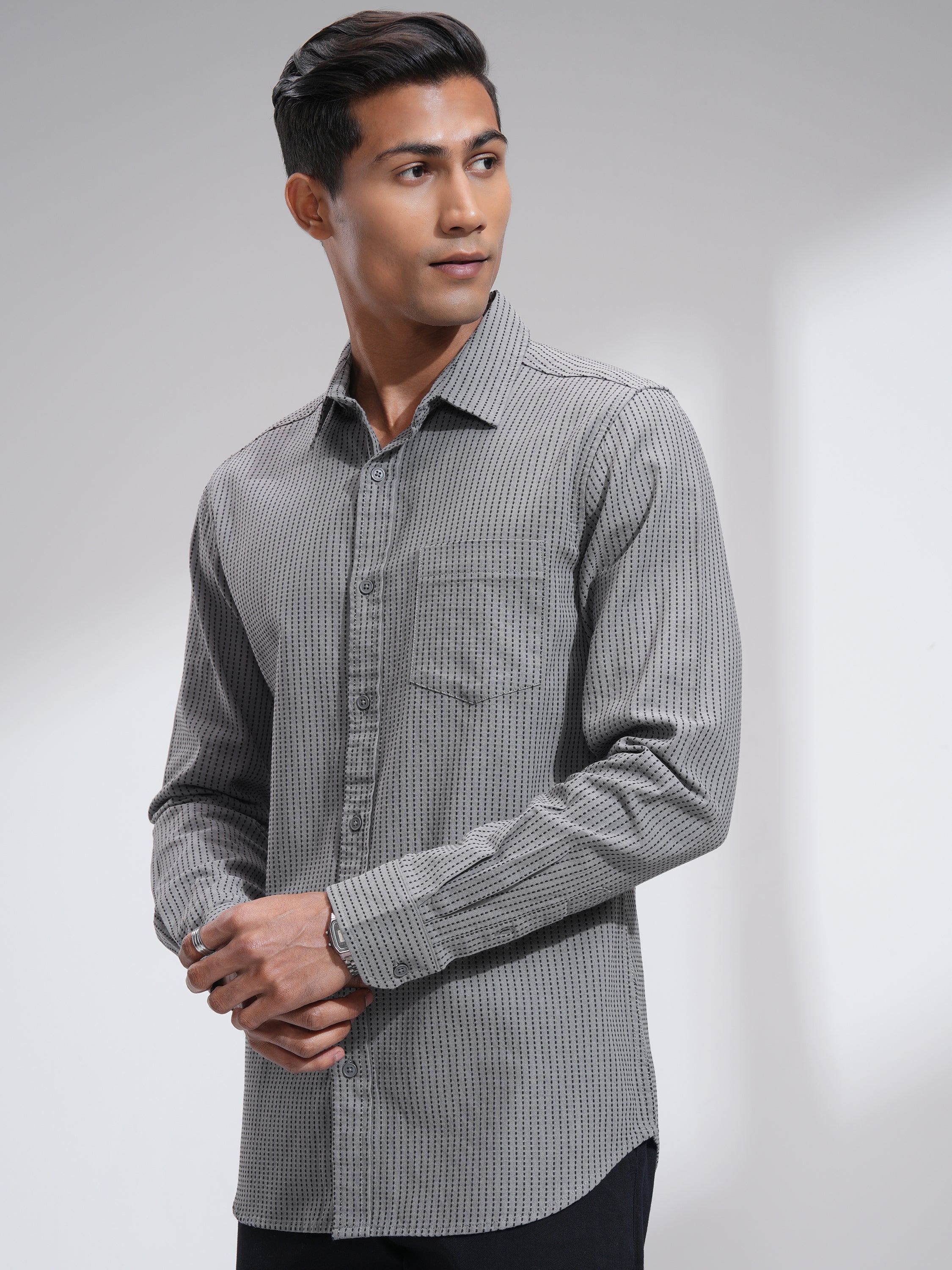 Highlander Men Grey Self Design Slim Fit Casual Shirt - Grey - Image 4