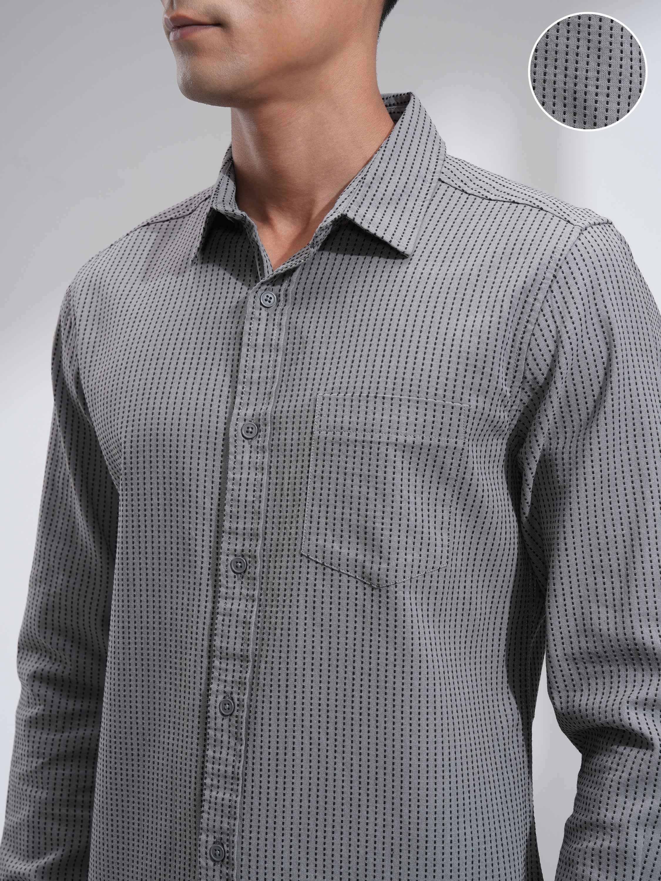 Highlander Men Grey Self Design Slim Fit Casual Shirt - Grey - Image 5