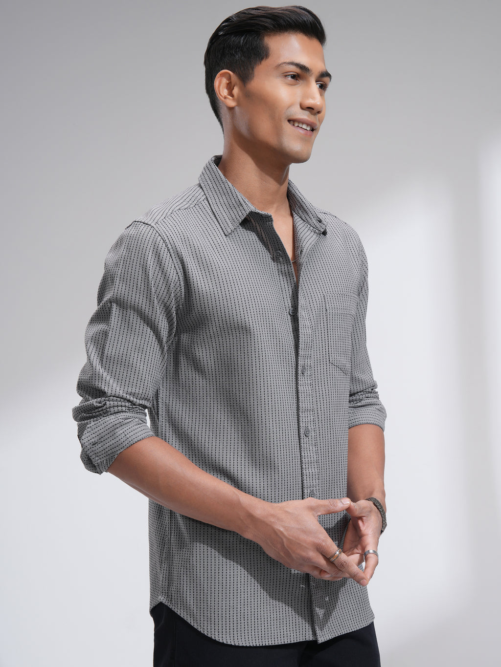 Highlander Men Grey Self Design Slim Fit Casual Shirt - Grey - Image 6