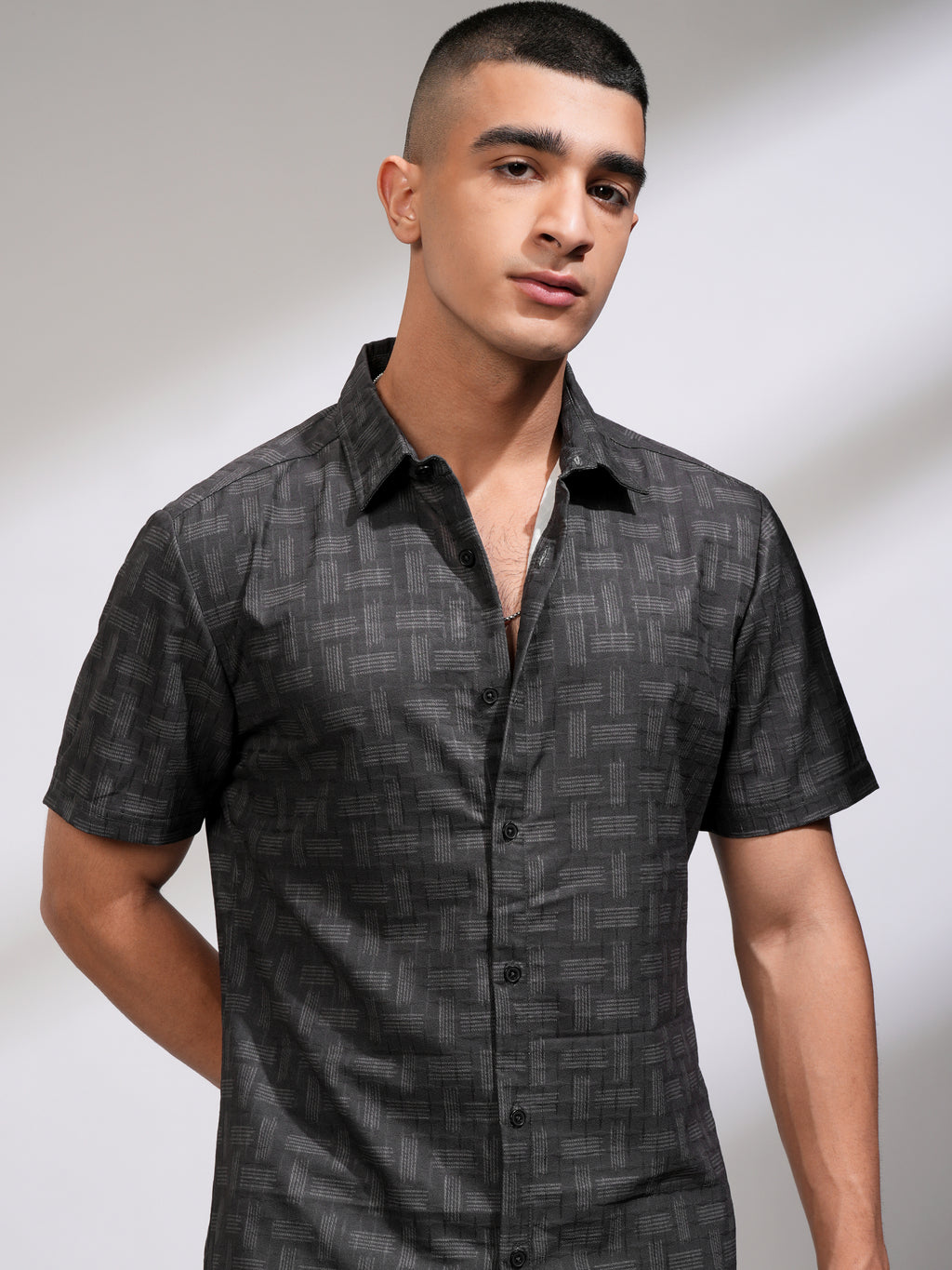 Highlander Men Black Self Design Slim Fit Casual Shirt - Black - Image 1
