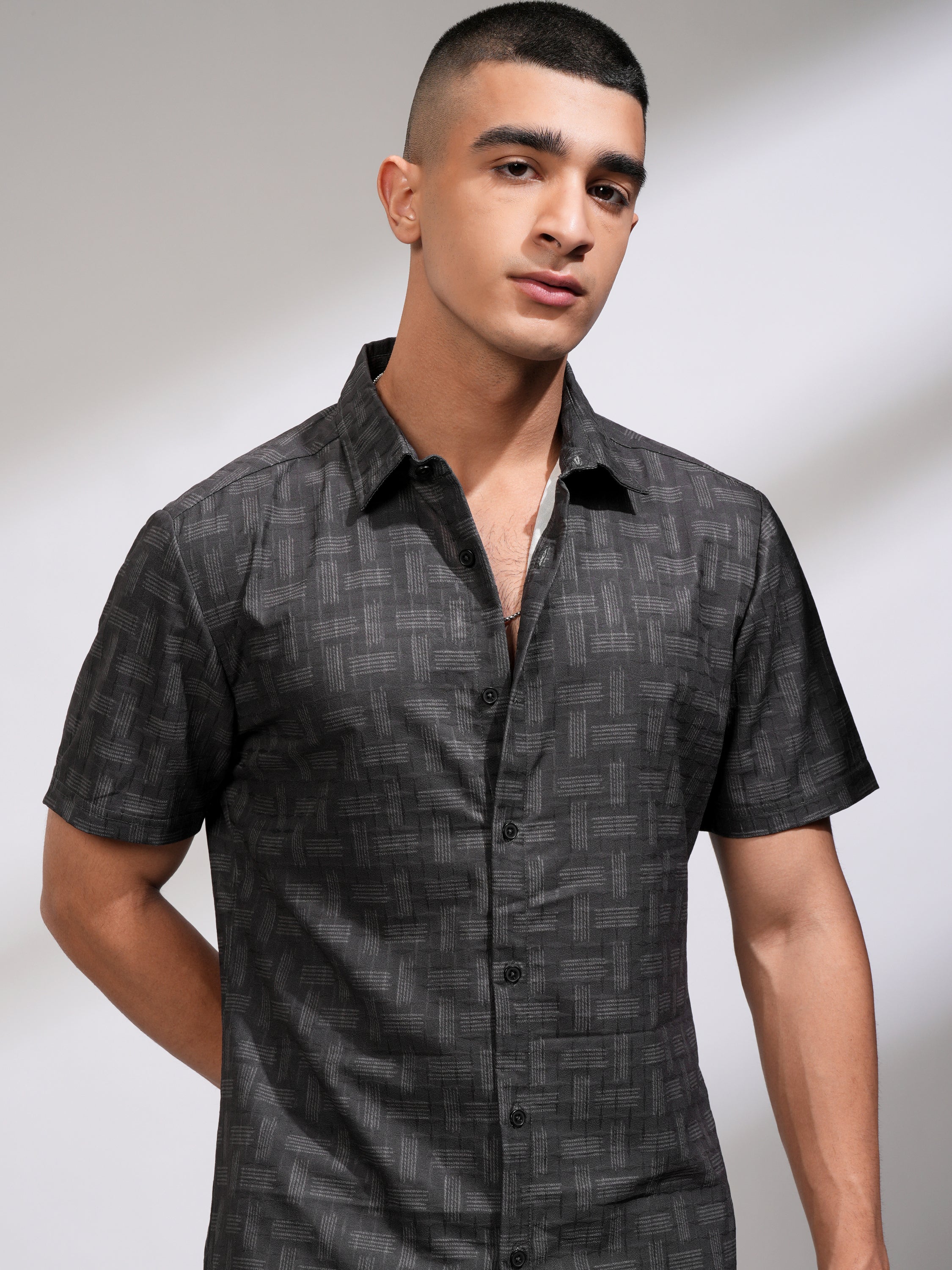 Highlander Men Black Self Design Slim Fit Casual Shirt - Black - Image 1