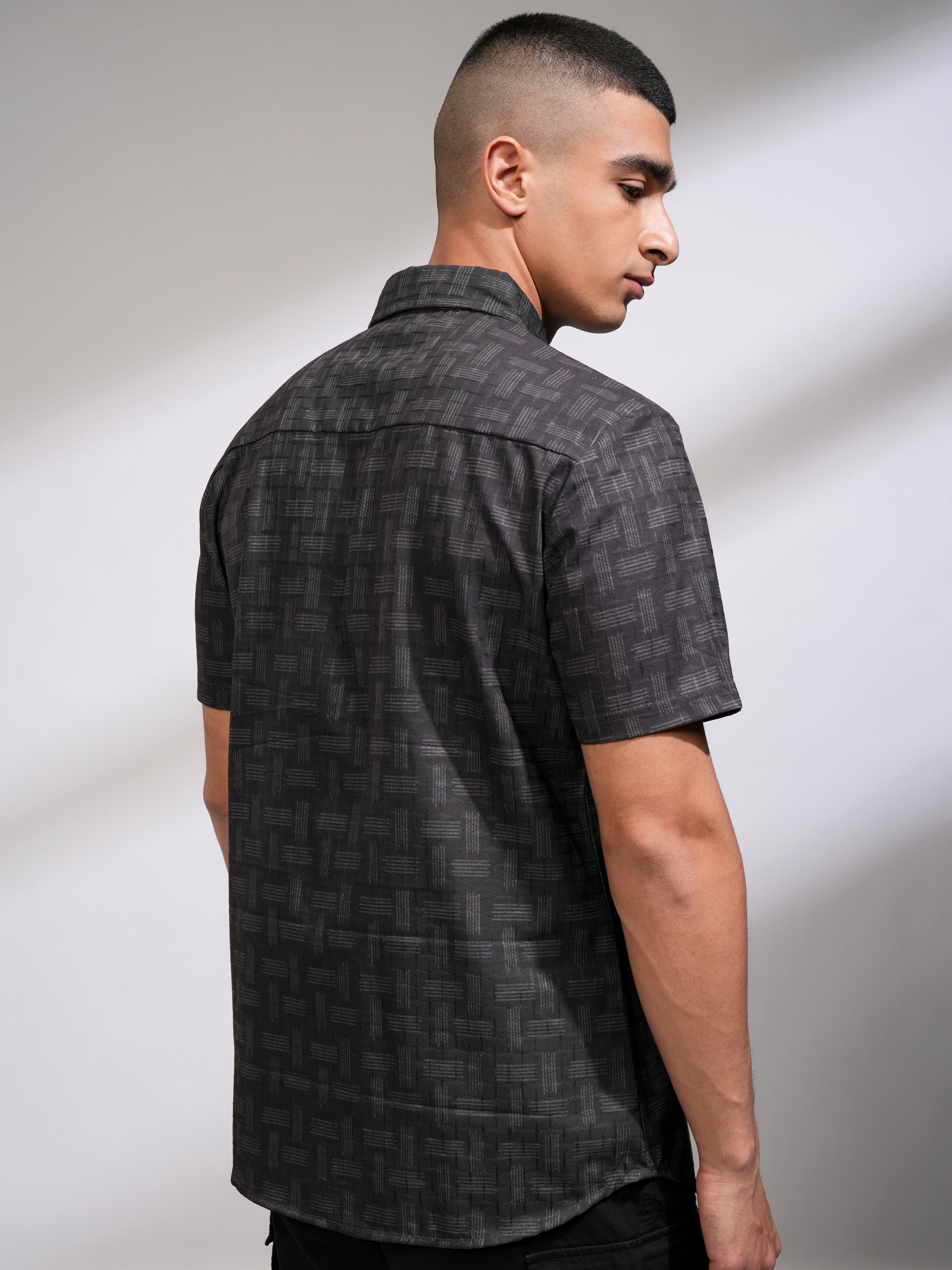 Highlander Men Black Self Design Slim Fit Casual Shirt - Black - Image 3