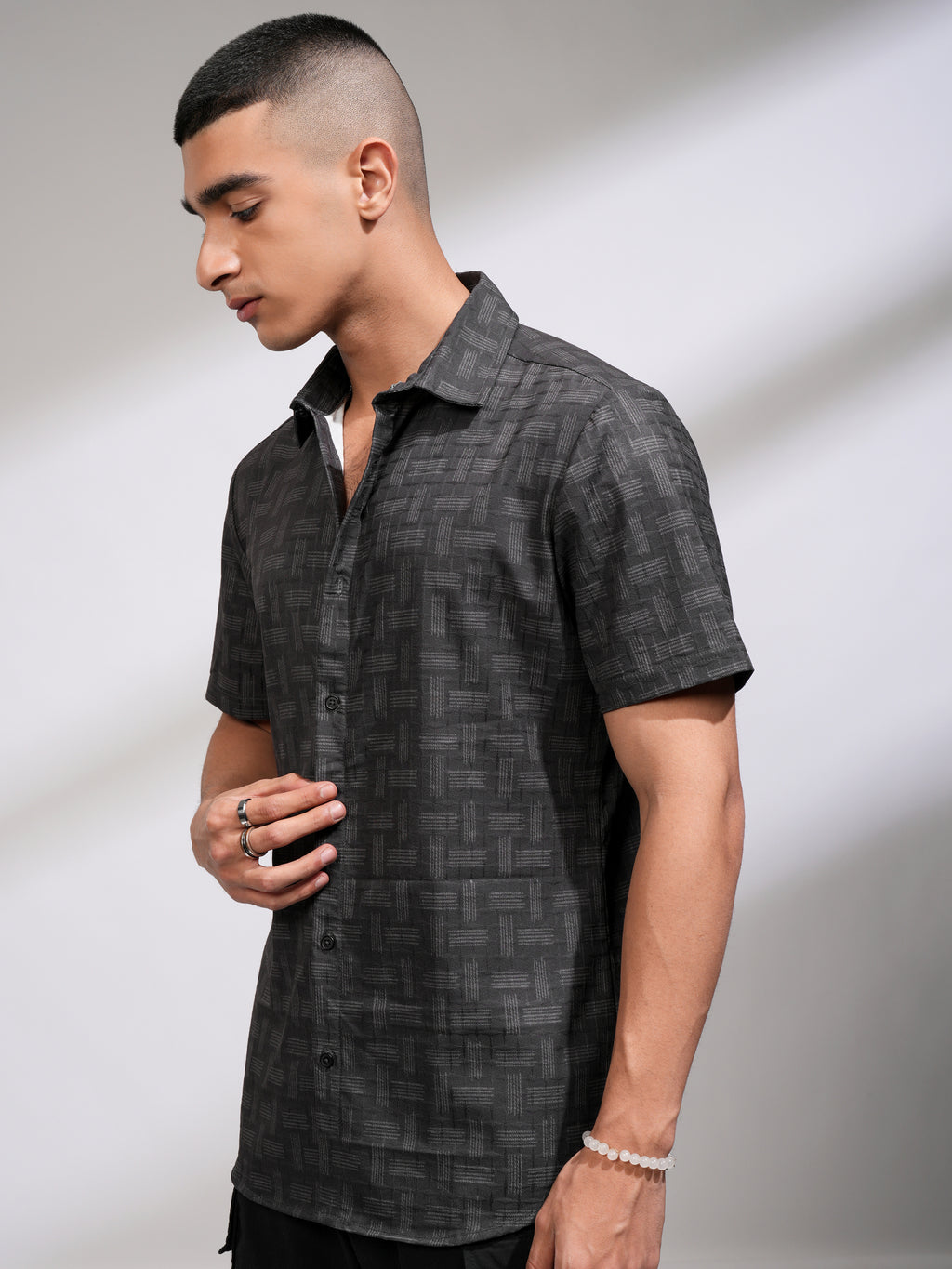 Highlander Men Black Self Design Slim Fit Casual Shirt - Black - Image 4