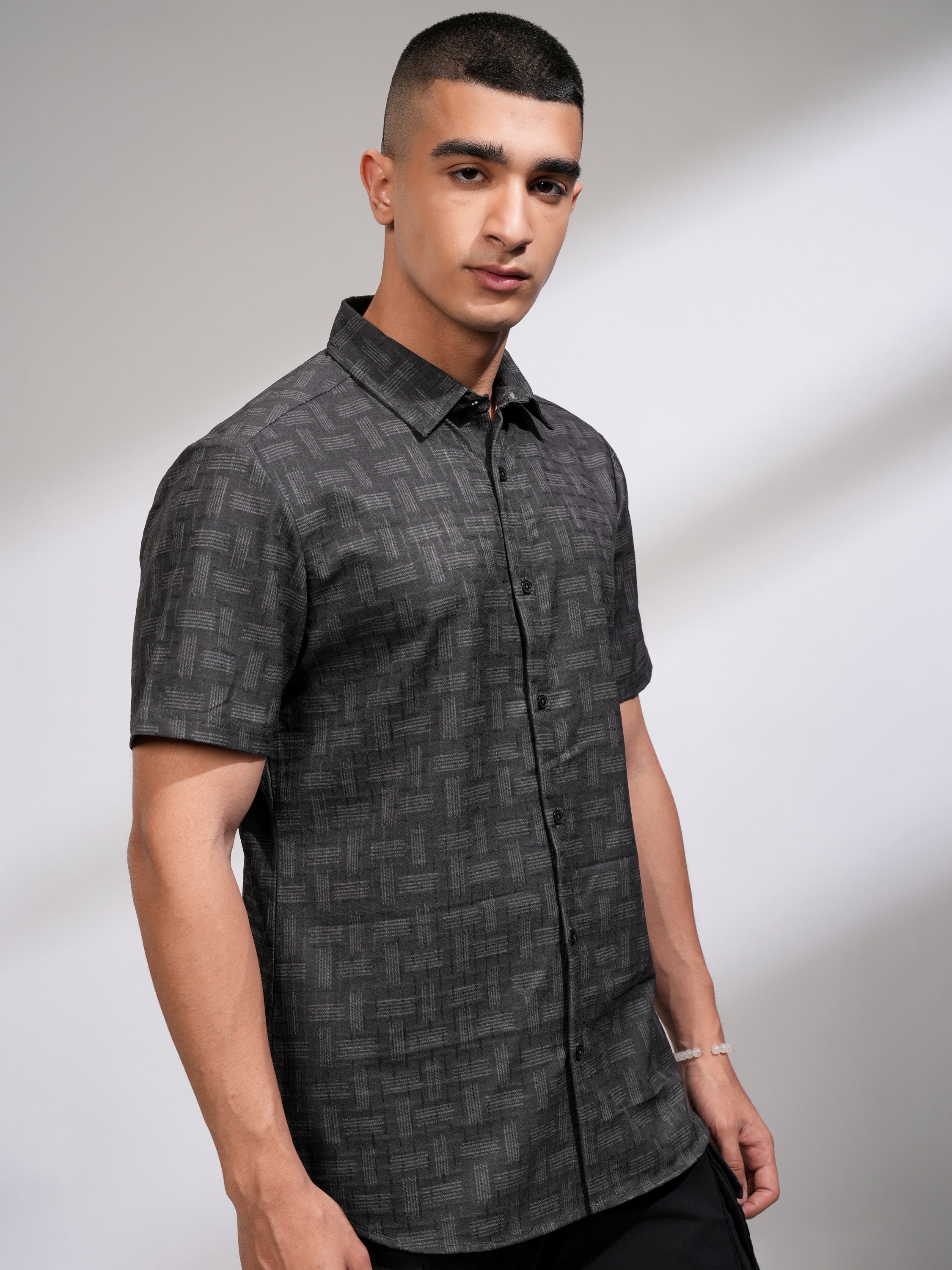 Highlander Men Black Self Design Slim Fit Casual Shirt - Black - Image 6