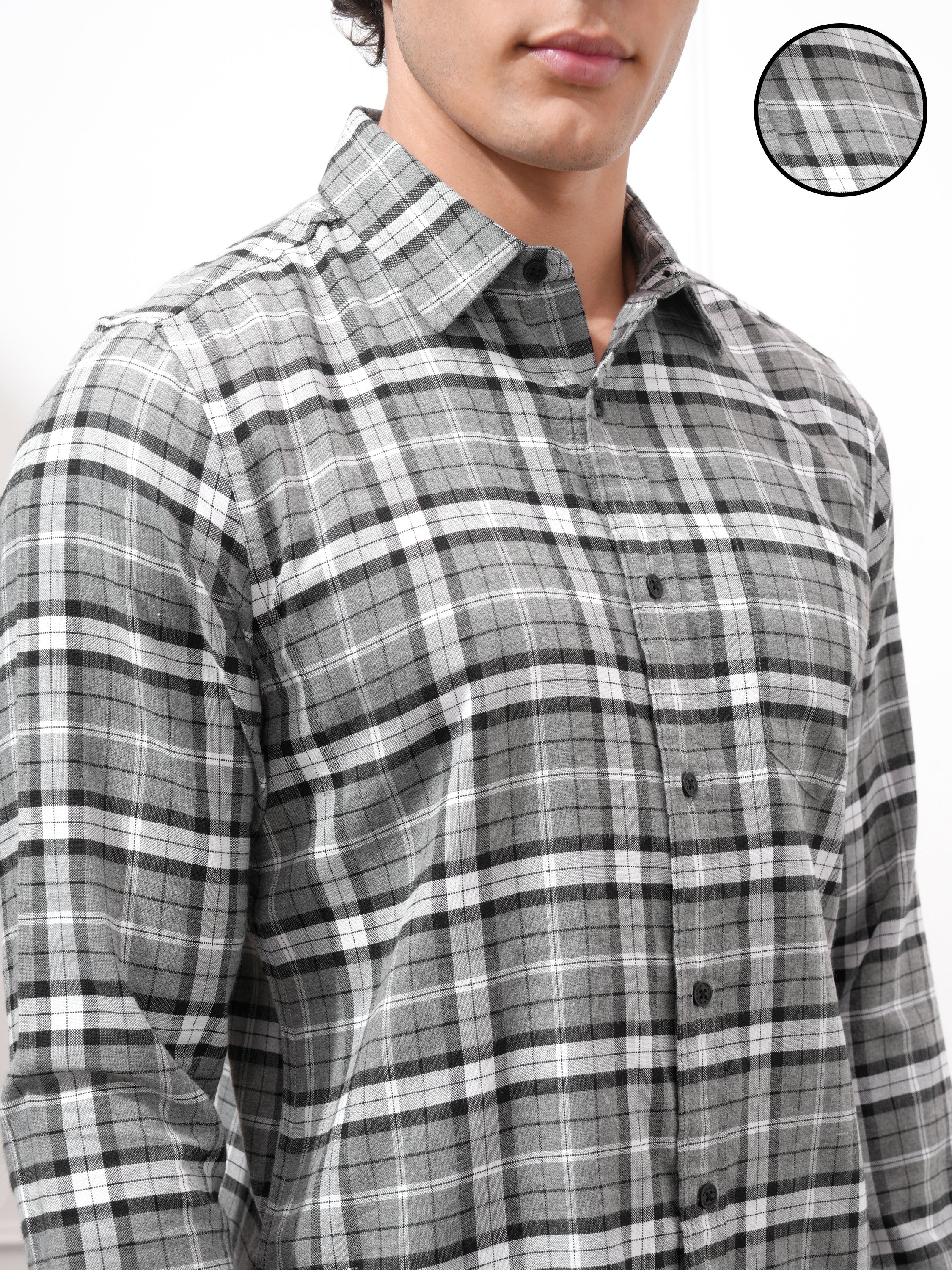 Highlander Men Grey Checked Slim Fit Casual Shirt - Grey - Image 5