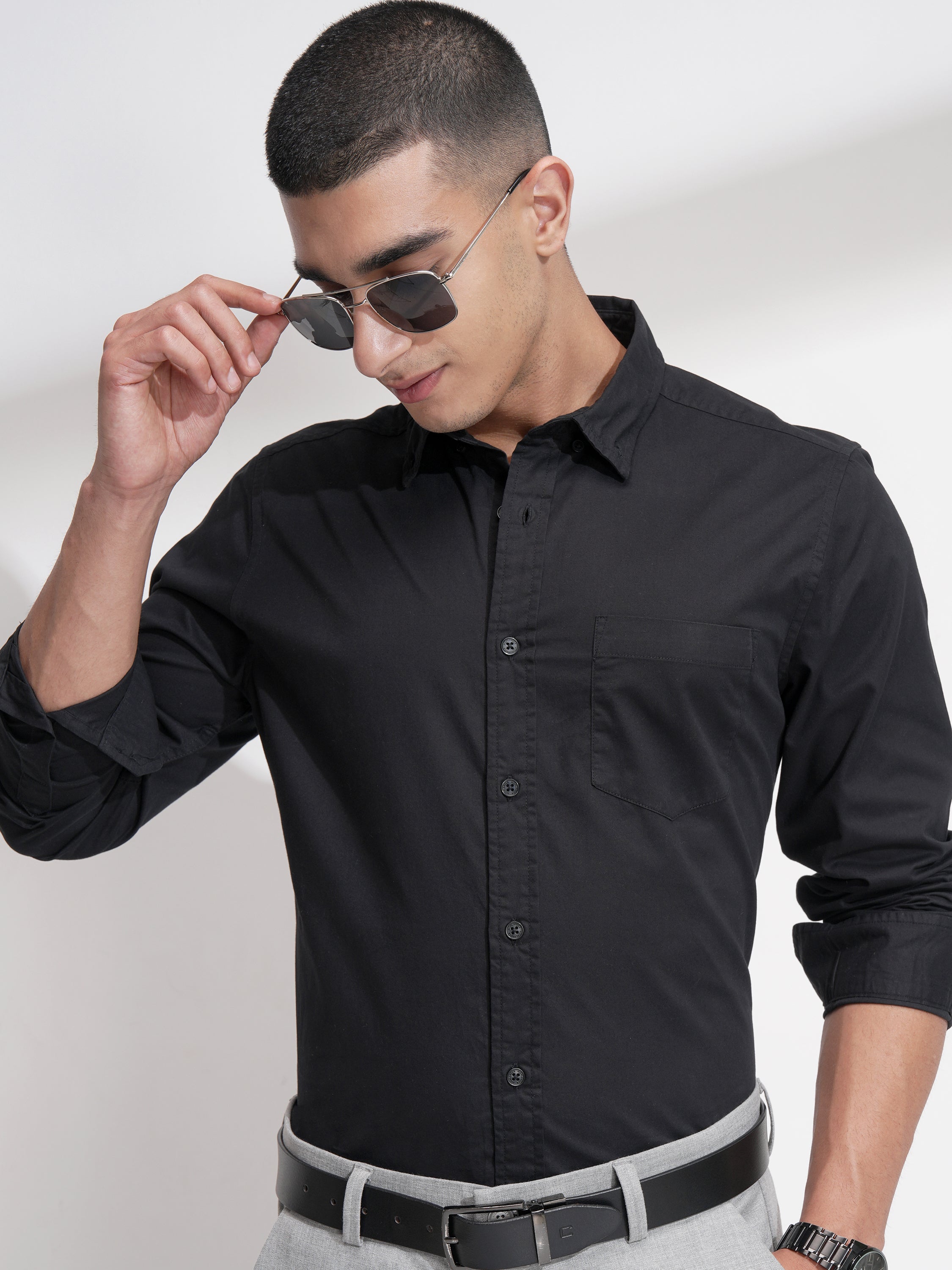 Highlander Men Black Solid Slim Fit Casual Shirt - Black - Image 1