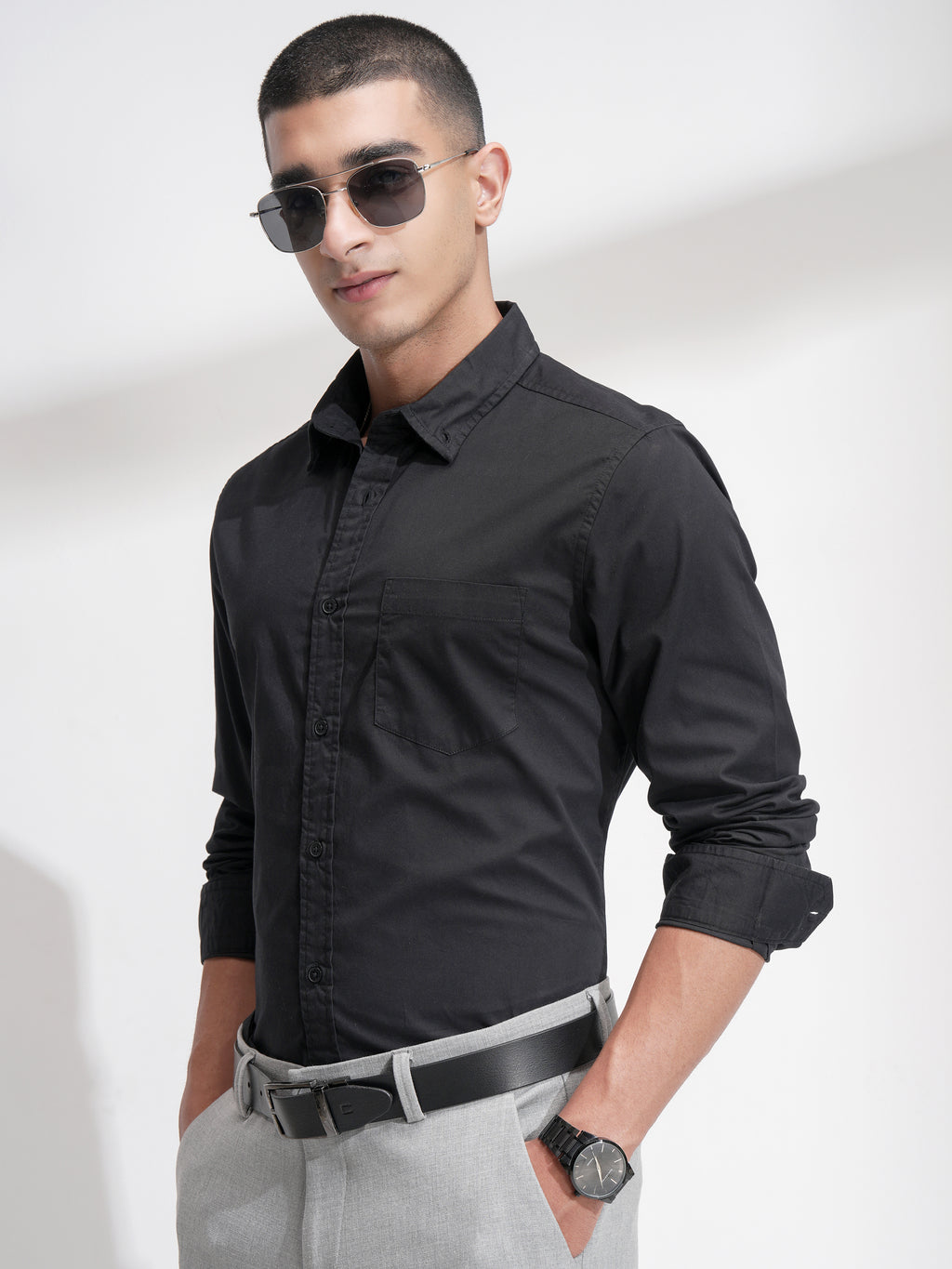 Highlander Men Black Solid Slim Fit Casual Shirt - Black - Image 4