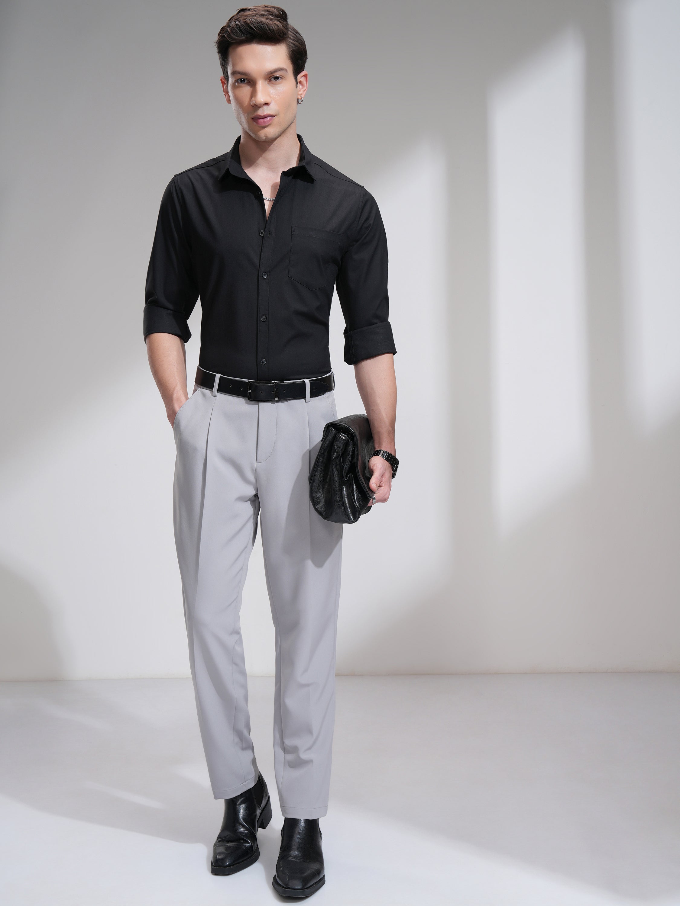 Highlander Men Black Solid Slim Fit Casual Shirt - Black - Image 2