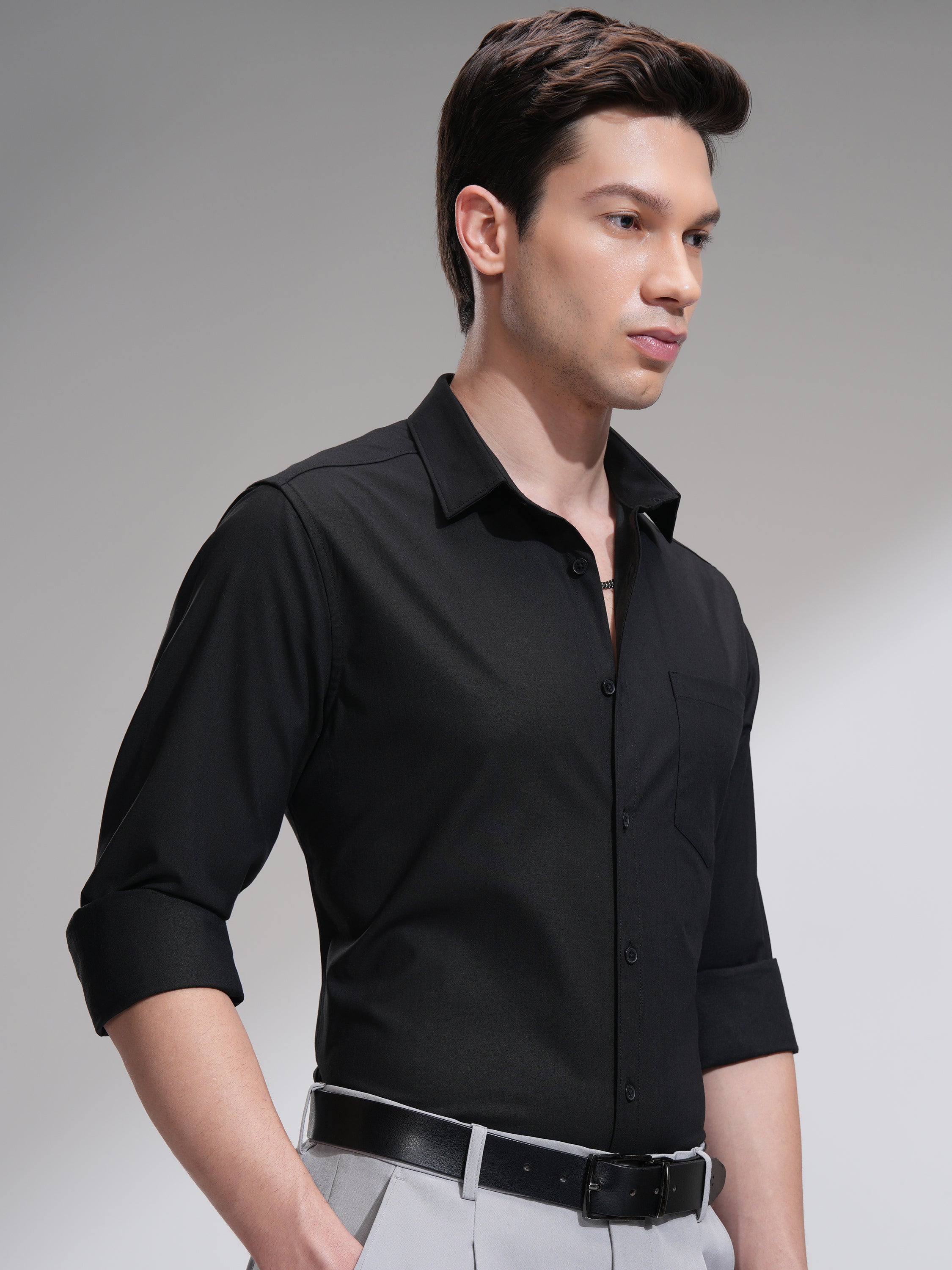 Highlander Men Black Solid Slim Fit Casual Shirt - Black - Image 6