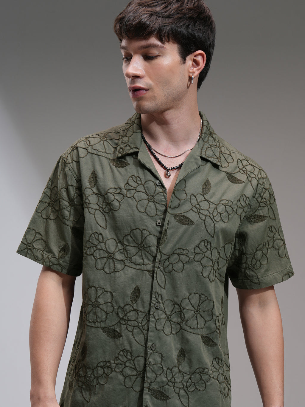 Highlander Men Olive Embroidered Relaxed Fit Casual Shirt - Olive - Image 1